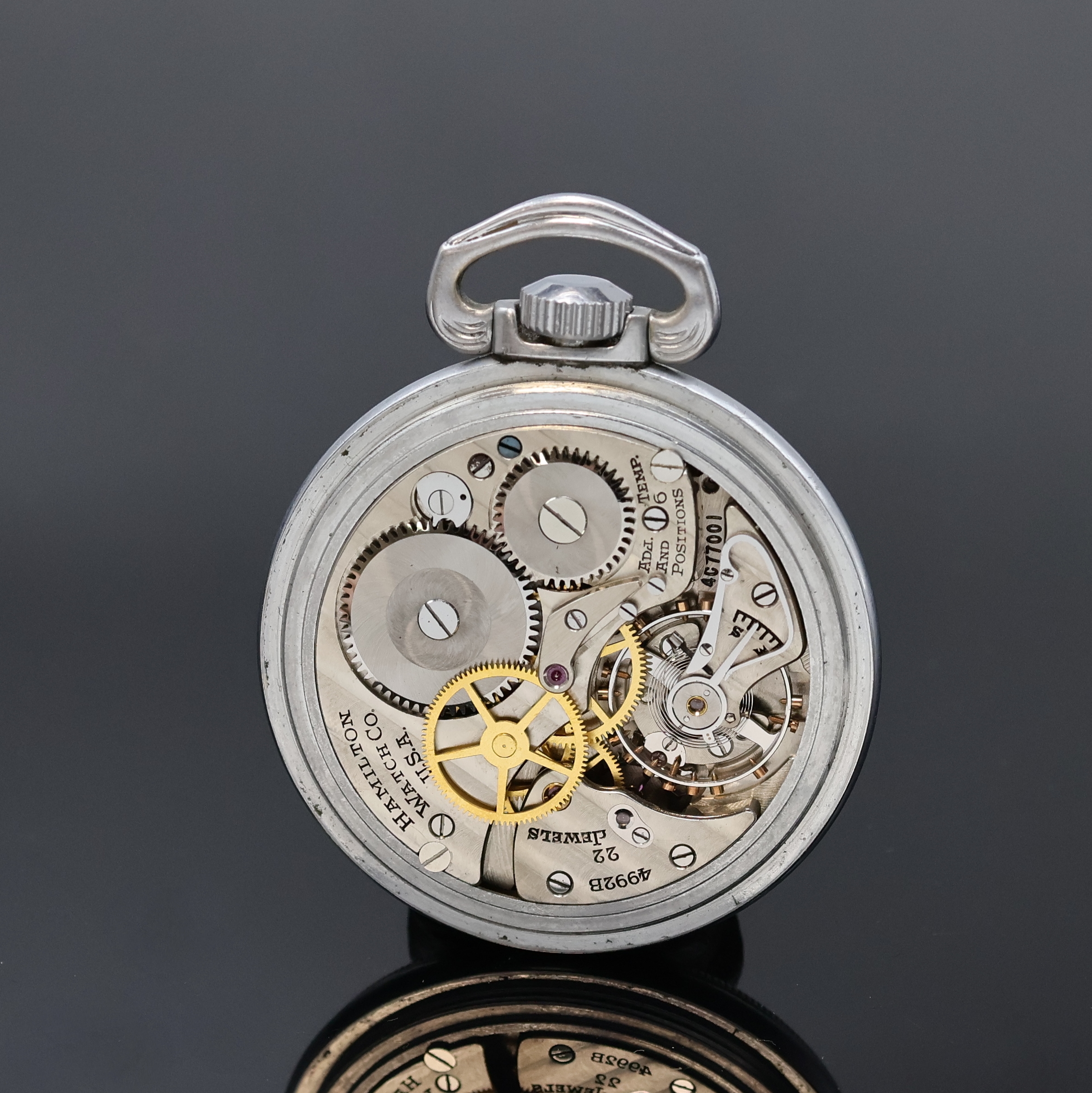 Detail b: HAMILTON G.C.T. amerikanische B-Uhr mit 24-Stunden-Anzeige, USA um 1940, beids. verschr. Metallgeh., verchr., Boden m. Militär-Grav., schwarz. ...