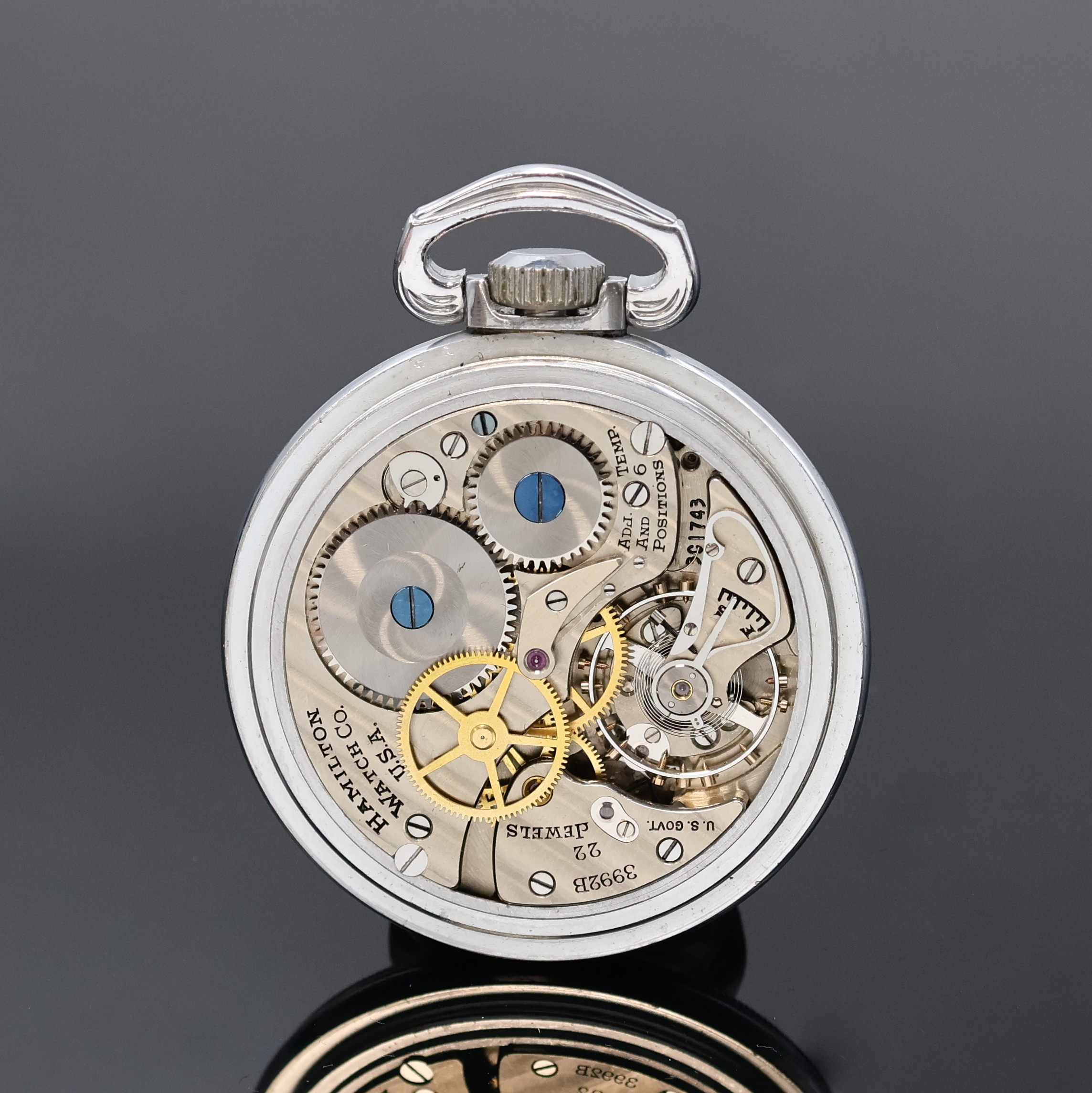 Detail b: HAMILTON amerikanische B-Uhr mit Zentralsekunde, USA um 1940, beids. verschr. Metallgeh., verchr., weißes Zifferbl., orig. Zeiger, Zentralsek. in ...