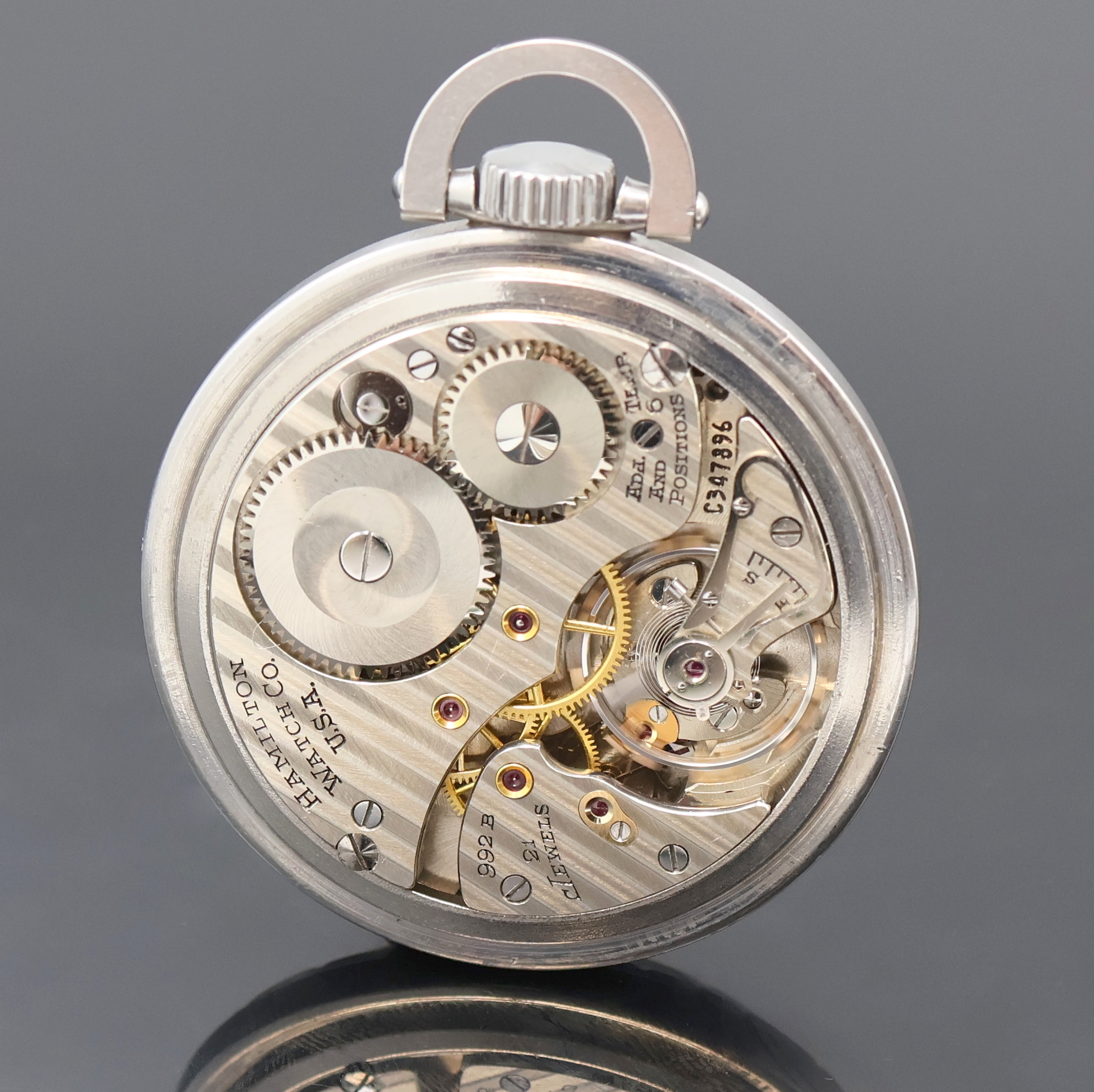 Detail b: HAMILTON Railway Special offene Taschenuhr in Stahl, USA um 1940, Boden u. Glasrand geschr., Zeigerst. d. Schieber b. 1, riss. Zifferbl. m. arab. ...