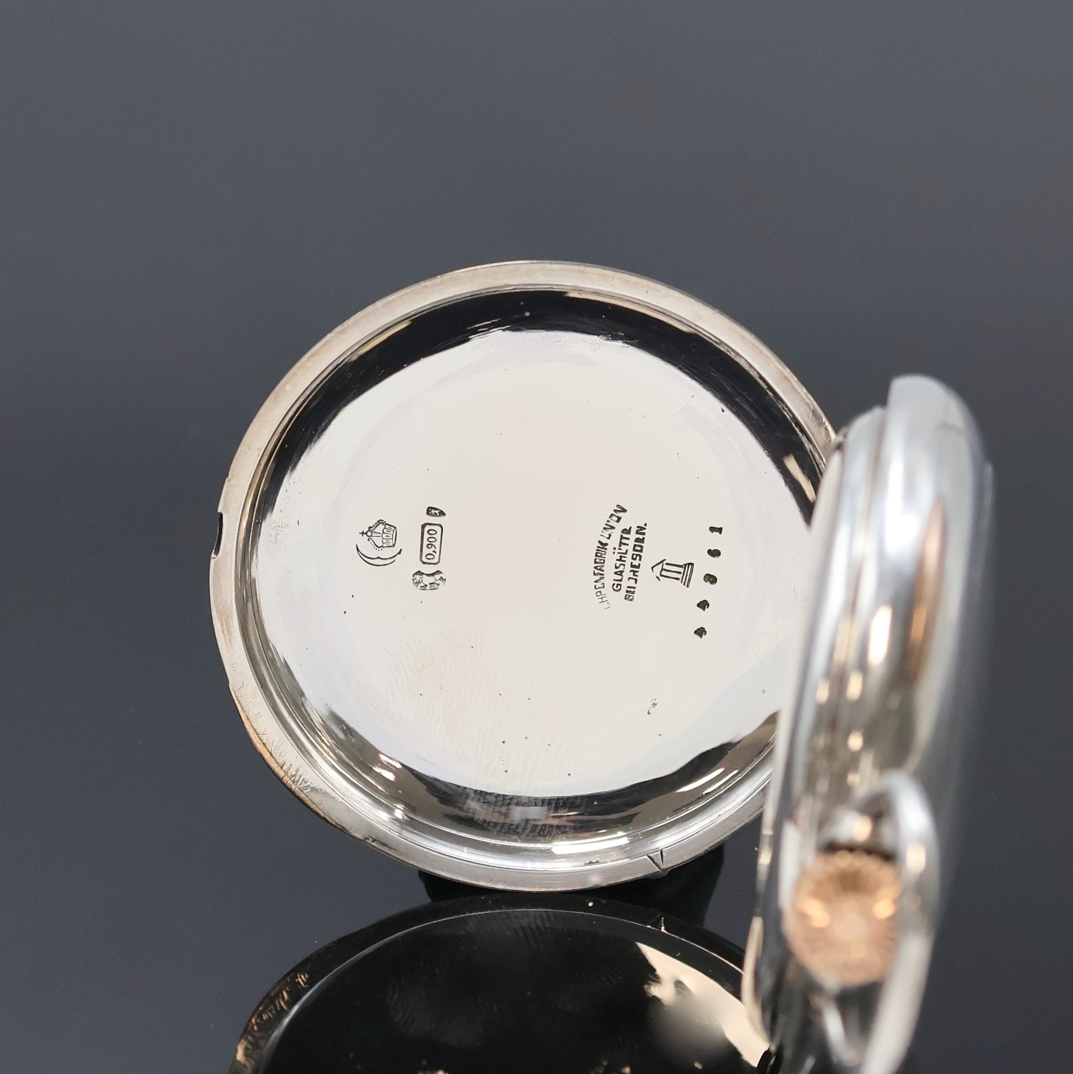 Detail b: UHRENFABRIK UNION Glashütte offene Taschenuhr in Silber in 1B-Qualität, Deutschland um 1910, glattes Lucia-Geh. m. Goldscharnieren, 2-tlg. ...