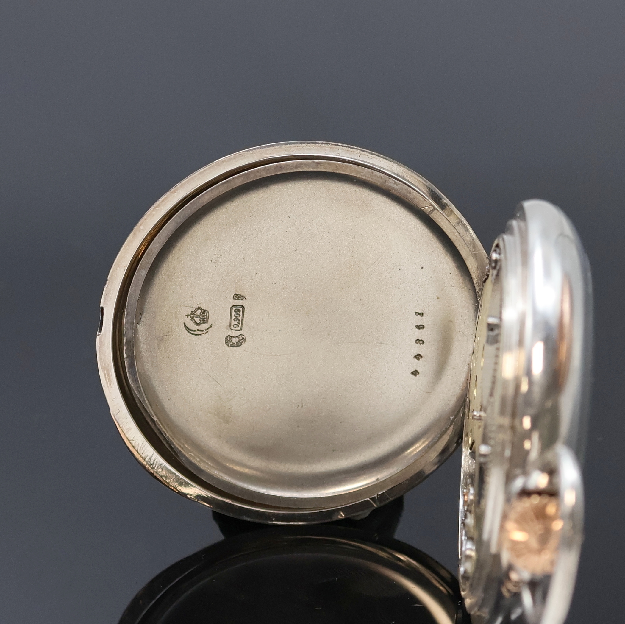 Detail d: UHRENFABRIK UNION Glashütte offene Taschenuhr in Silber in 1B-Qualität, Deutschland um 1910, glattes Lucia-Geh. m. Goldscharnieren, 2-tlg. ...