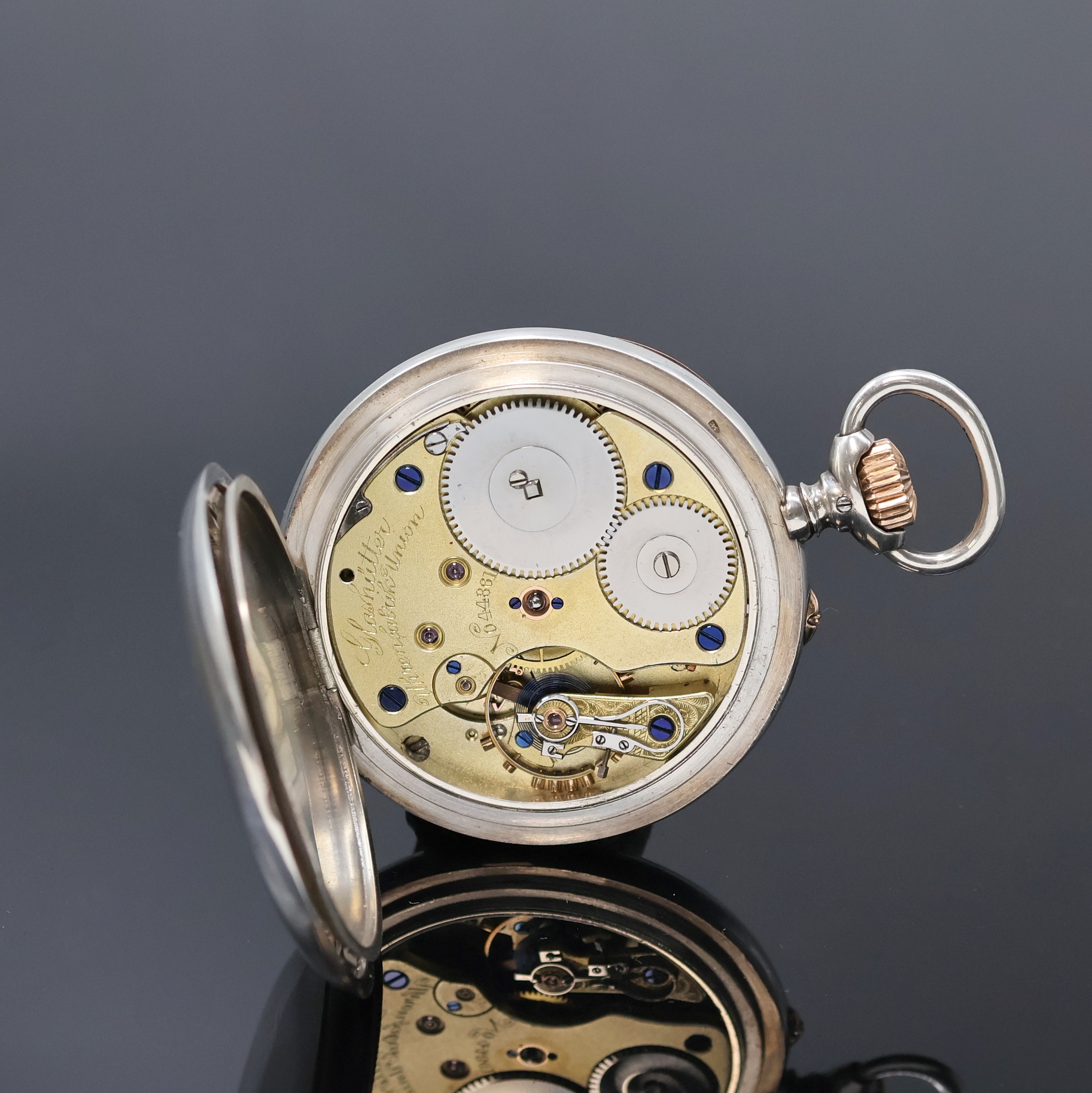 Detail e: UHRENFABRIK UNION Glashütte offene Taschenuhr in Silber in 1B-Qualität, Deutschland um 1910, glattes Lucia-Geh. m. Goldscharnieren, 2-tlg. ...