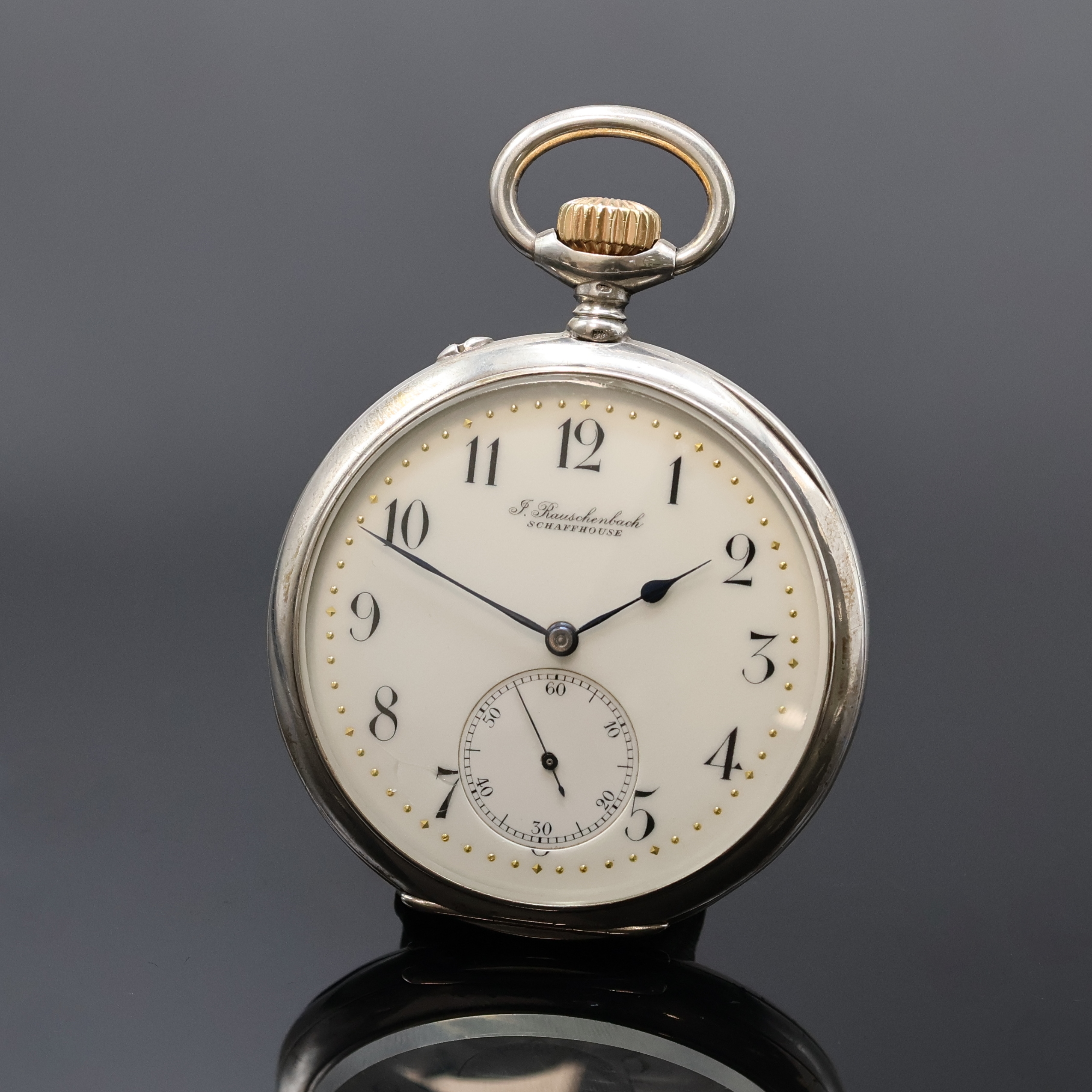 IWC/J.RAUSCHENBACH offene Silbertaschenuhr Kaliber 65, Schweiz um 1908, guill. Geh., 2 -tlg. Emailzifferbl. besch., seltene Signatur ...