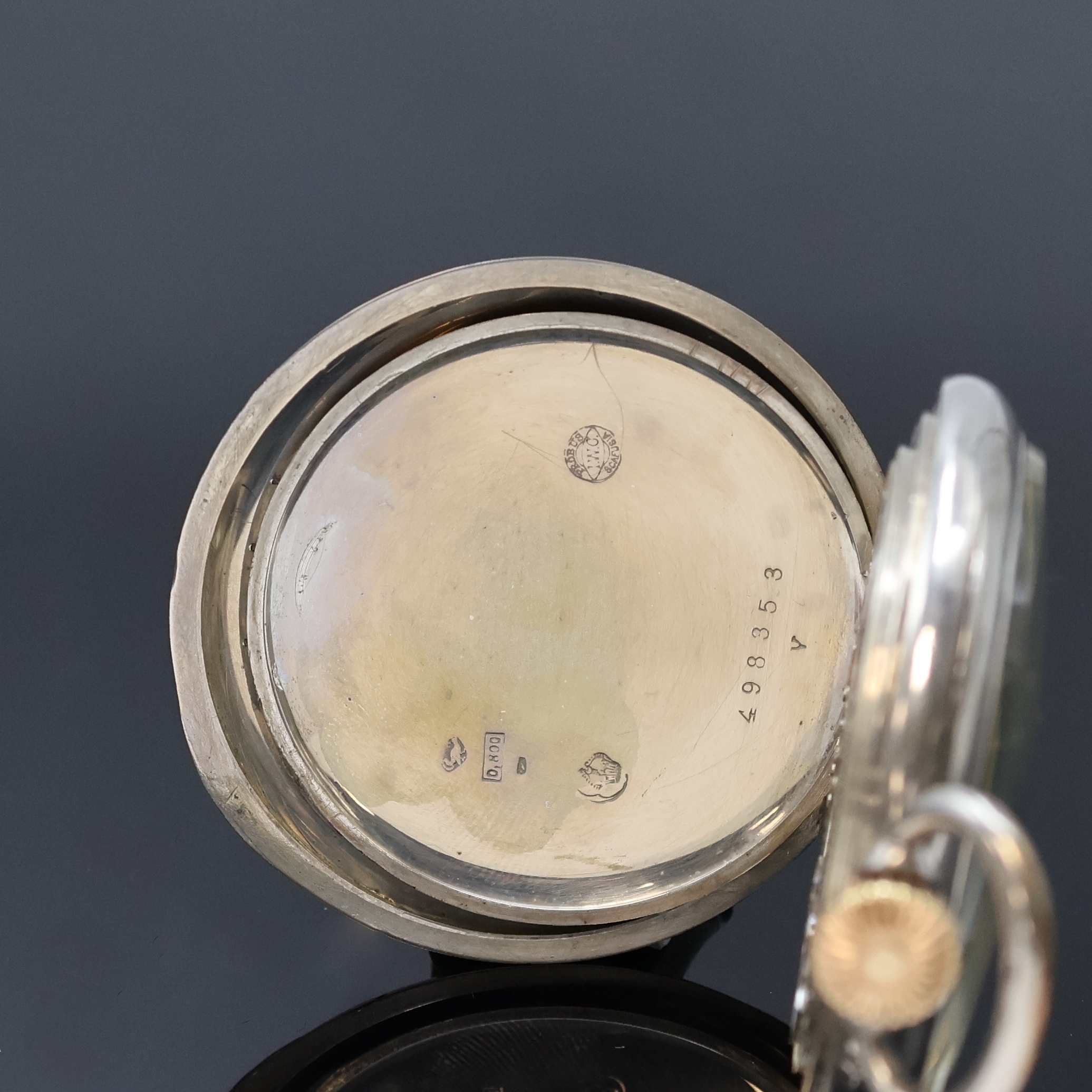 Detail d: IWC/J.RAUSCHENBACH offene Silbertaschenuhr Kaliber 65, Schweiz um 1908, guill. Geh., 2 -tlg. Emailzifferbl. besch., seltene Signatur ...