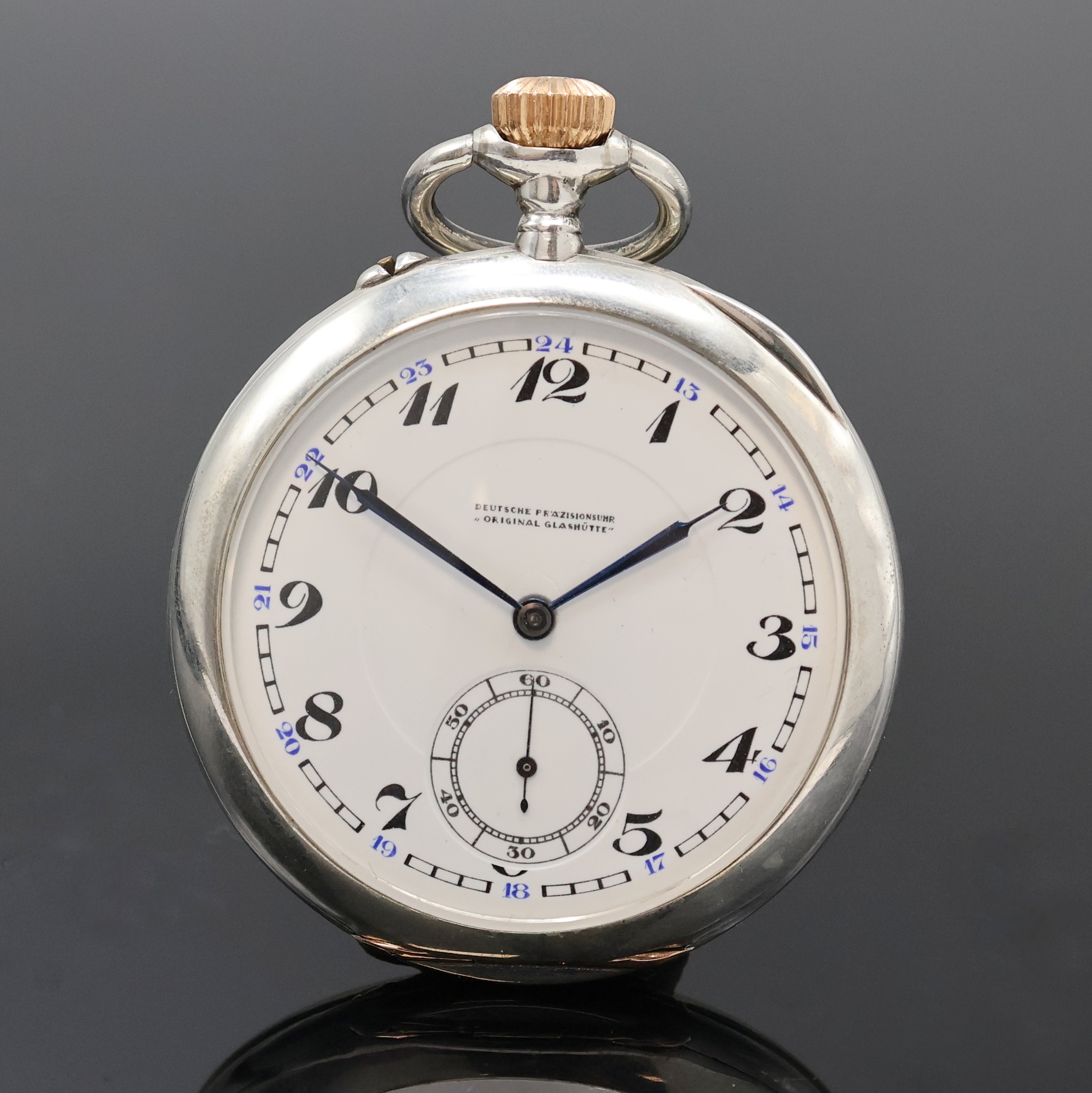 DEUTSCHE PRÄZISIONSUHR ORIGINAL GLASHÜTTE offene Taschenuhr in Silber, Deutschland um 1920, glattes Geh., Emailzifferbl. besch., Breguet-Zahlen, ...