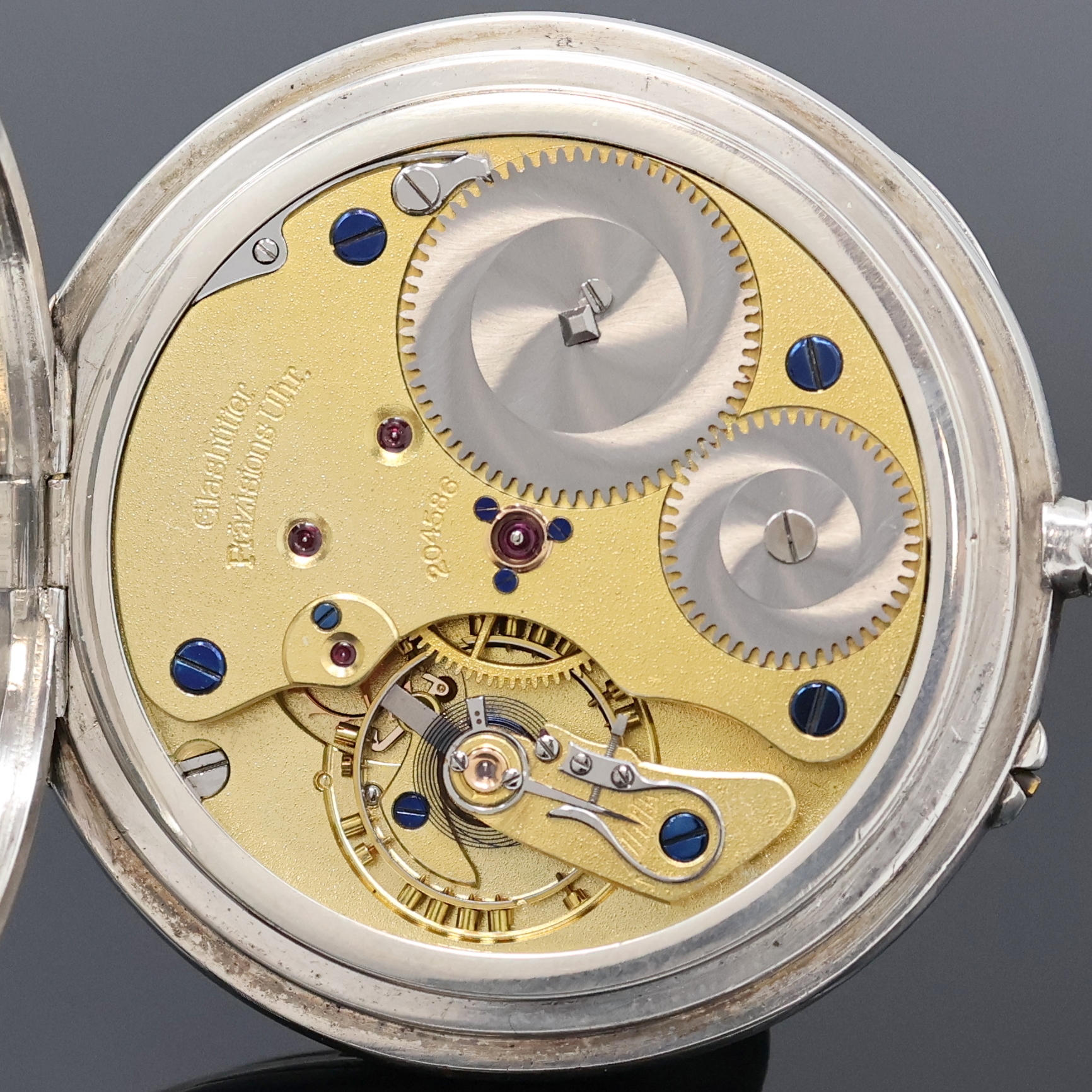 Detail d: DEUTSCHE PRÄZISIONSUHR ORIGINAL GLASHÜTTE offene Taschenuhr in Silber, Deutschland um 1920, glattes Geh., Emailzifferbl. besch., Breguet-Zahlen, ...