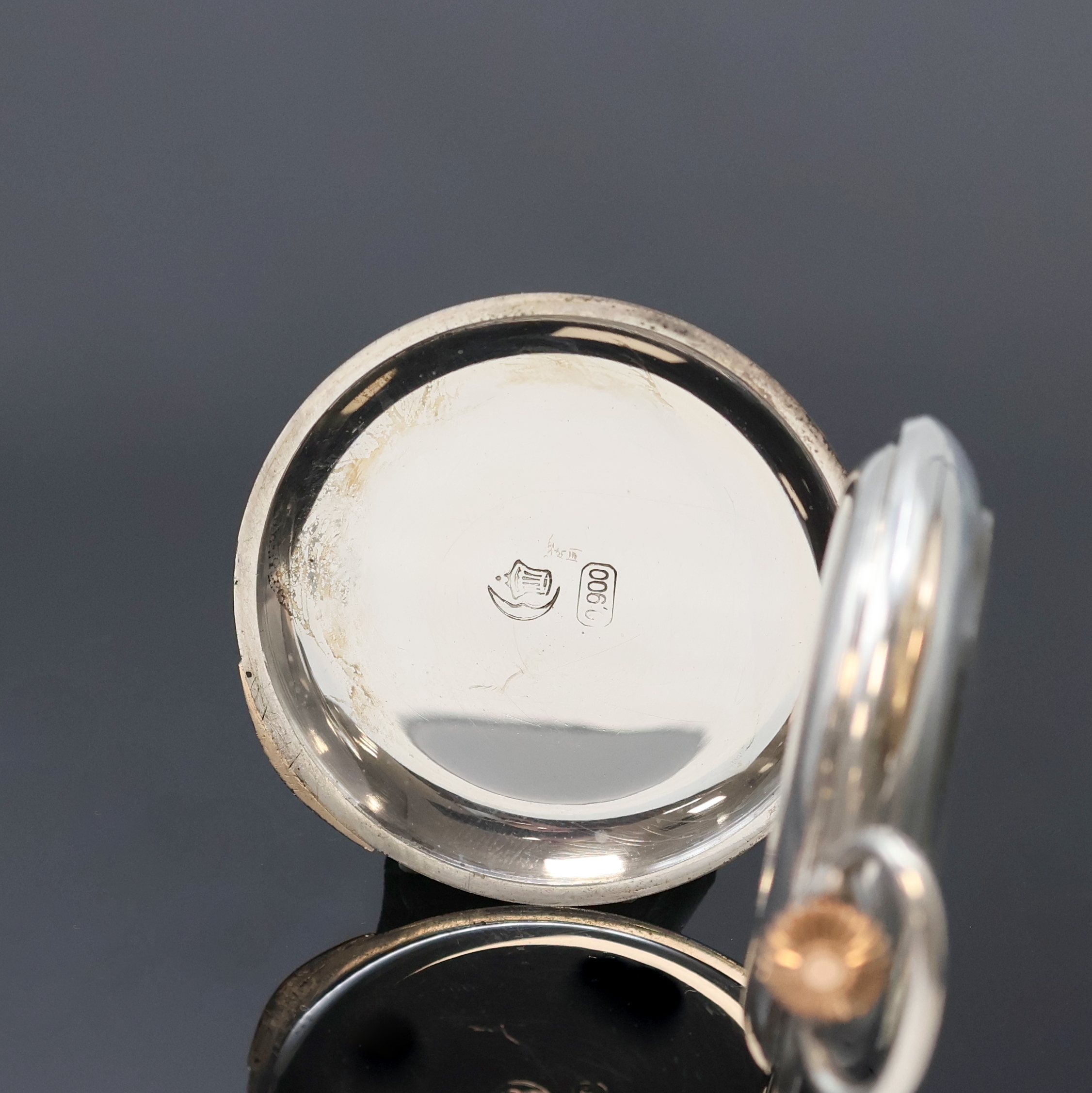 Detail b: UHRENFABRIK UNION/Werk signiert H.Schindler, Glashütte offene Silbertaschenuhr, Deutschland um 1910, glattes unsign. Geh. m. Goldscharnieren, 2-tlg. ...