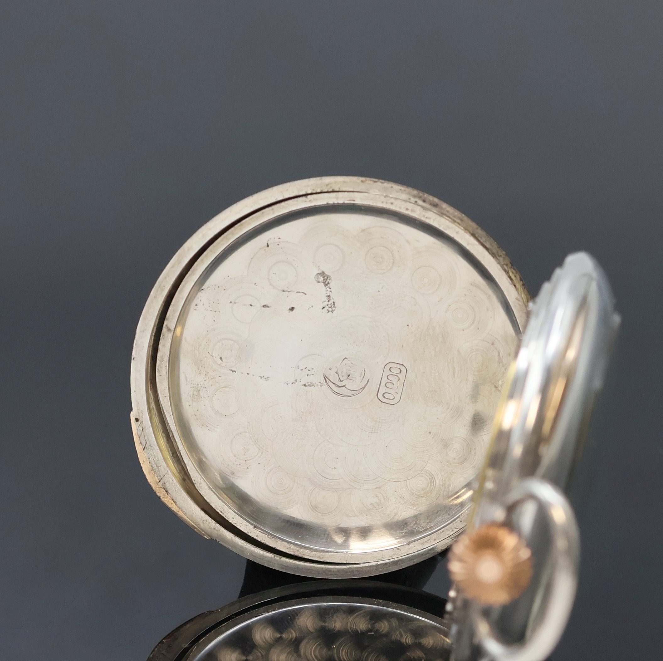 Detail d: UHRENFABRIK UNION/Werk signiert H.Schindler, Glashütte offene Silbertaschenuhr, Deutschland um 1910, glattes unsign. Geh. m. Goldscharnieren, 2-tlg. ...