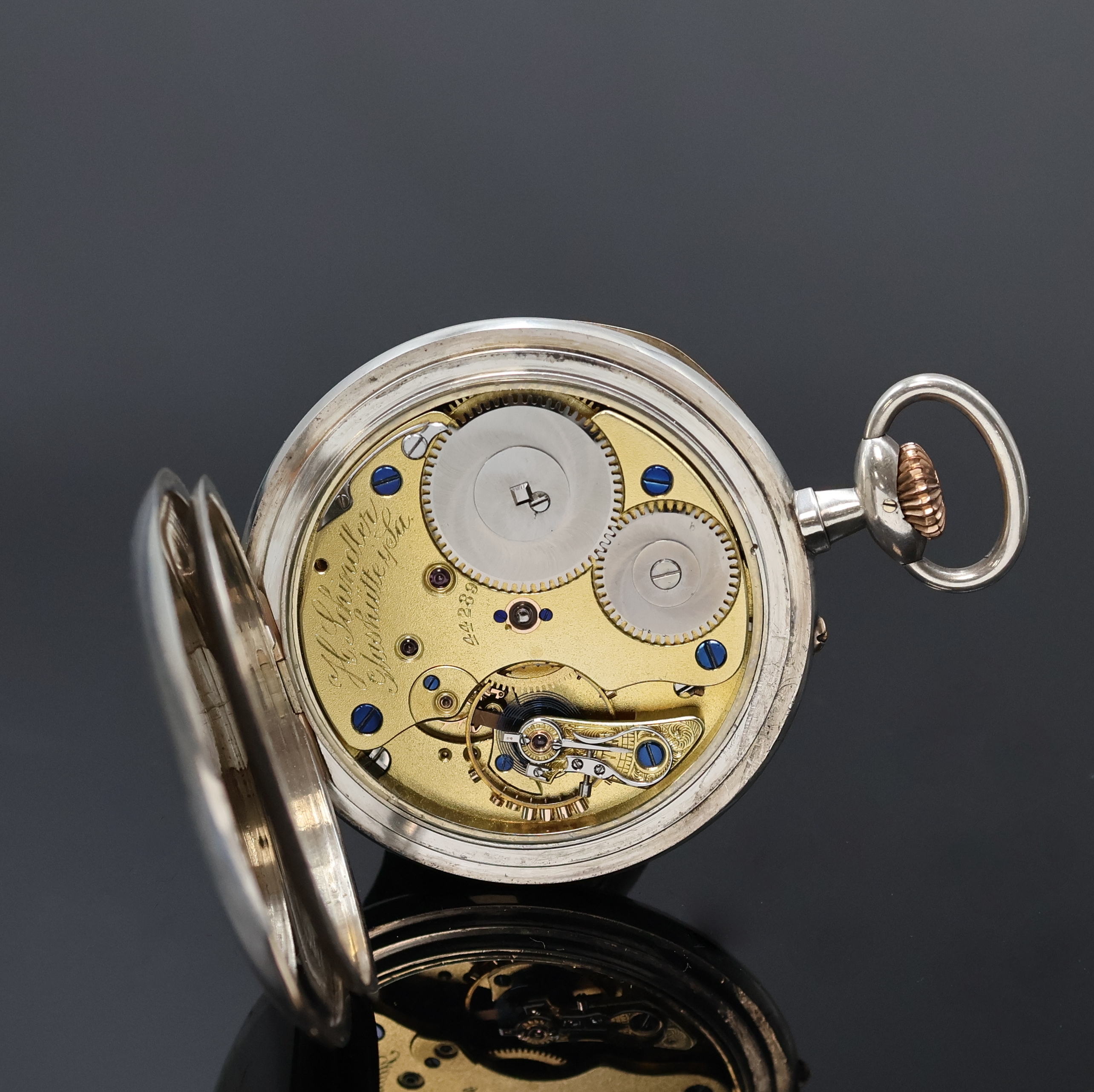 Detail e: UHRENFABRIK UNION/Werk signiert H.Schindler, Glashütte offene Silbertaschenuhr, Deutschland um 1910, glattes unsign. Geh. m. Goldscharnieren, 2-tlg. ...