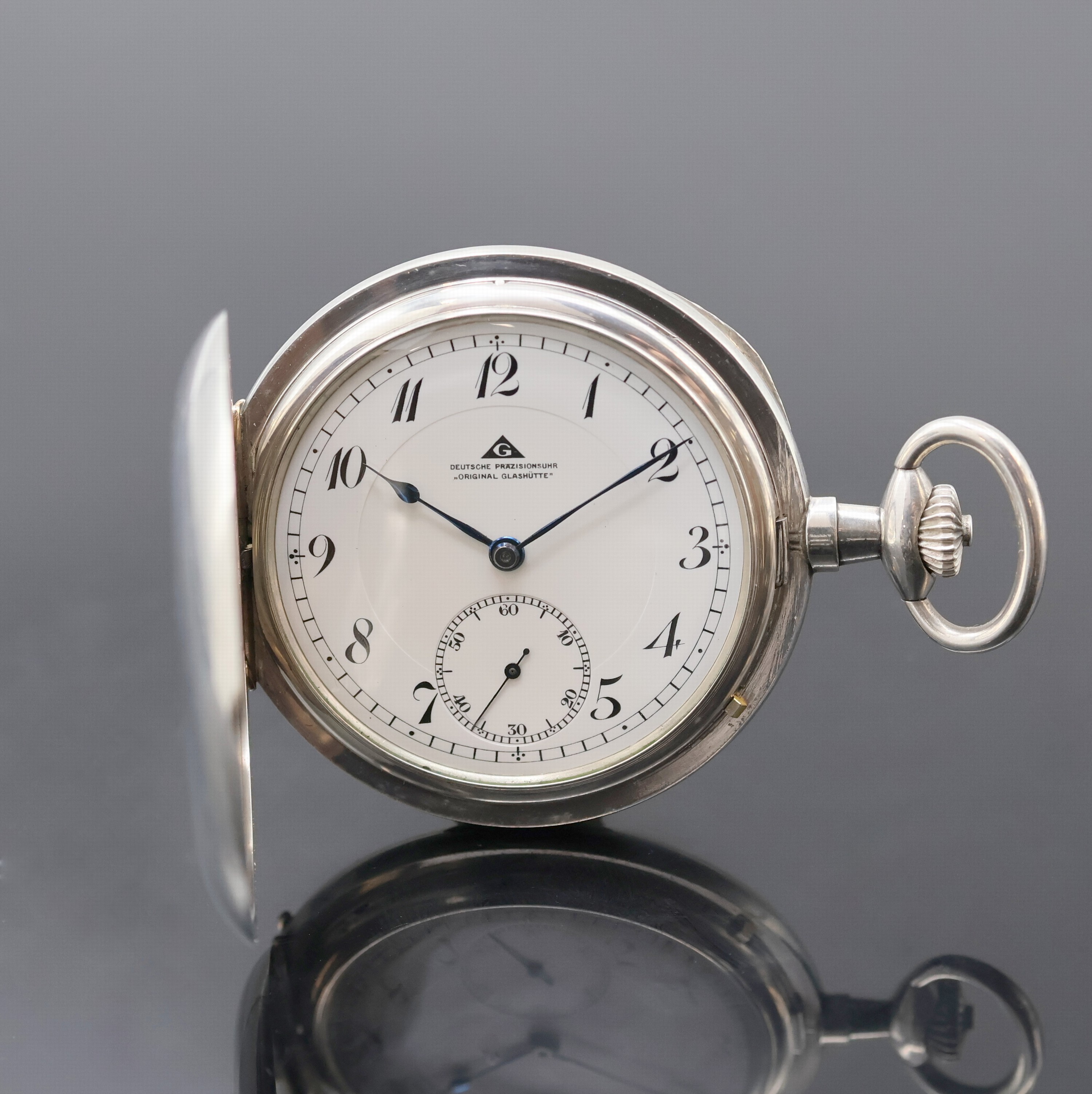 DEUTSCHE PRÄZISIONSUHR ORIGINAL GLASHÜTTE Herrensavonette in Silber, Deutschland um 1925, glattes Geh., Goldscharniere, Emailzifferbl. m. ...