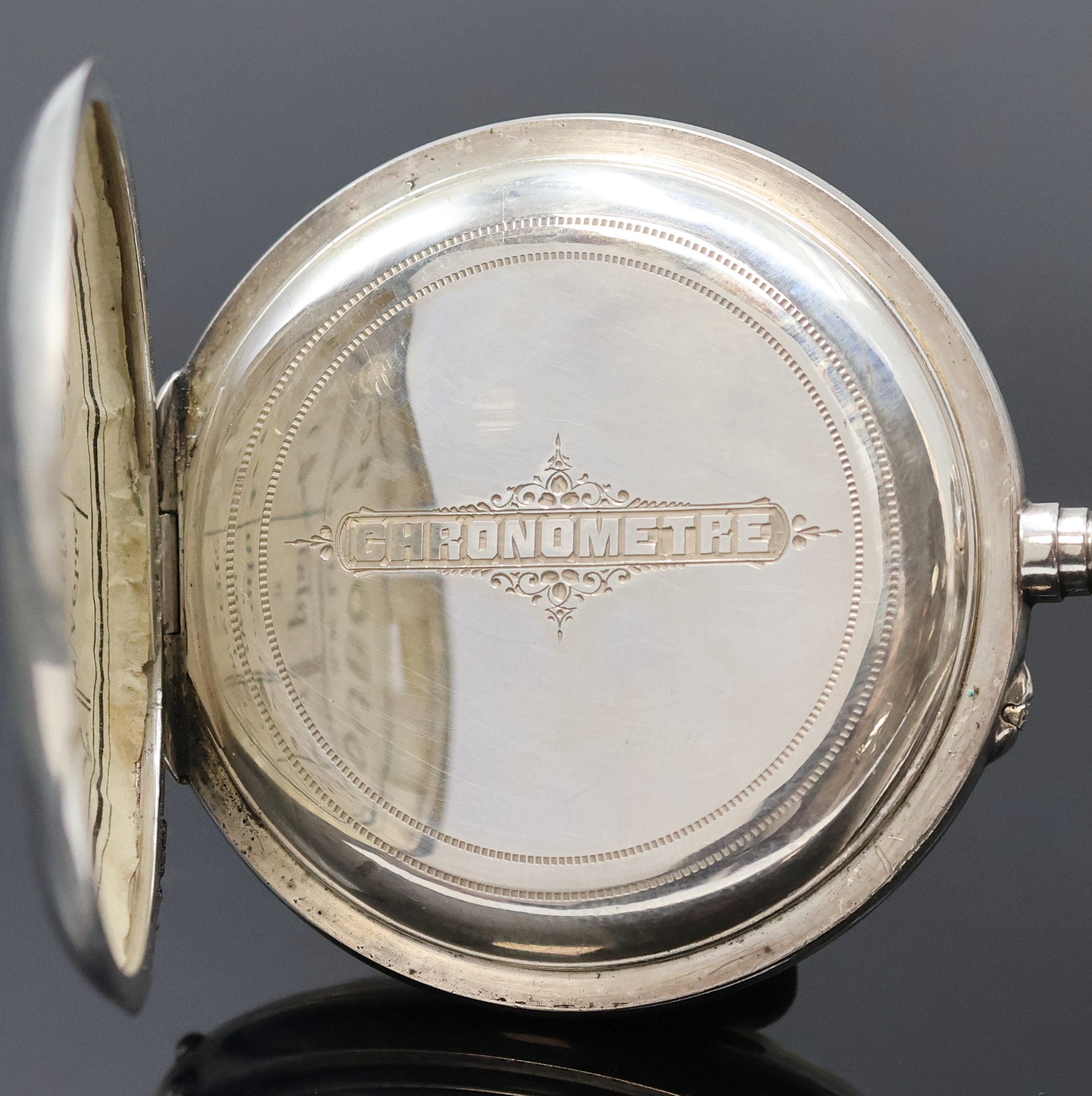 Detail b: PHILIPPE DUBOIS & FILS offene Silbertaschenuhr, Schweiz um 1900, glattes Geh. m. gestuftem Pendant, auf Cuvette bez. Chronometre, im Deckel eingel. ...