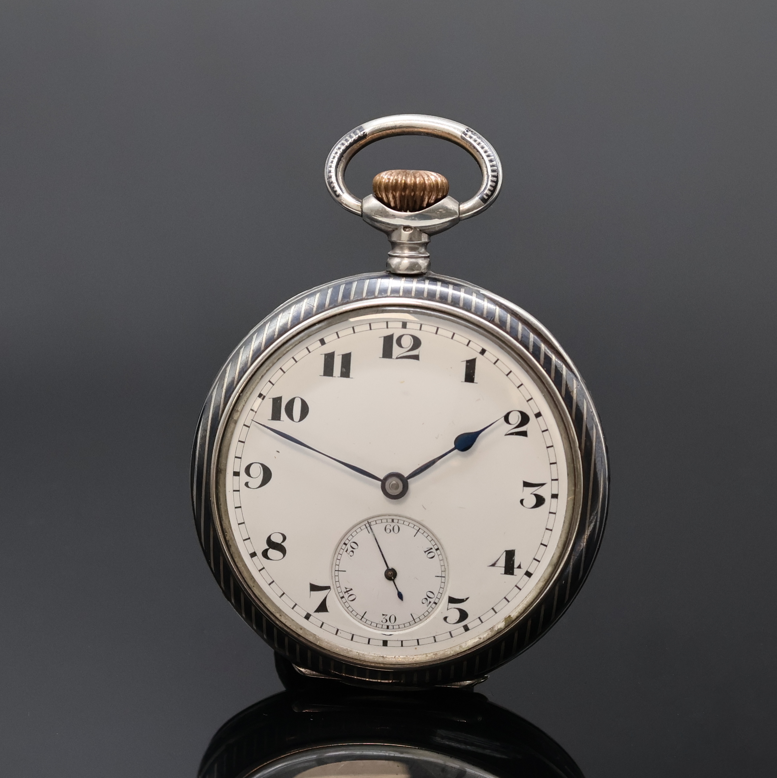 UHRMACHERSCHULE BIEL A.Kurth offene Taschenuhr im Tulasilber-Gehäuse, Schweiz um 1920, gut erhaltenes, gestreiftes Tula-Geh., 2-tlg. ...
