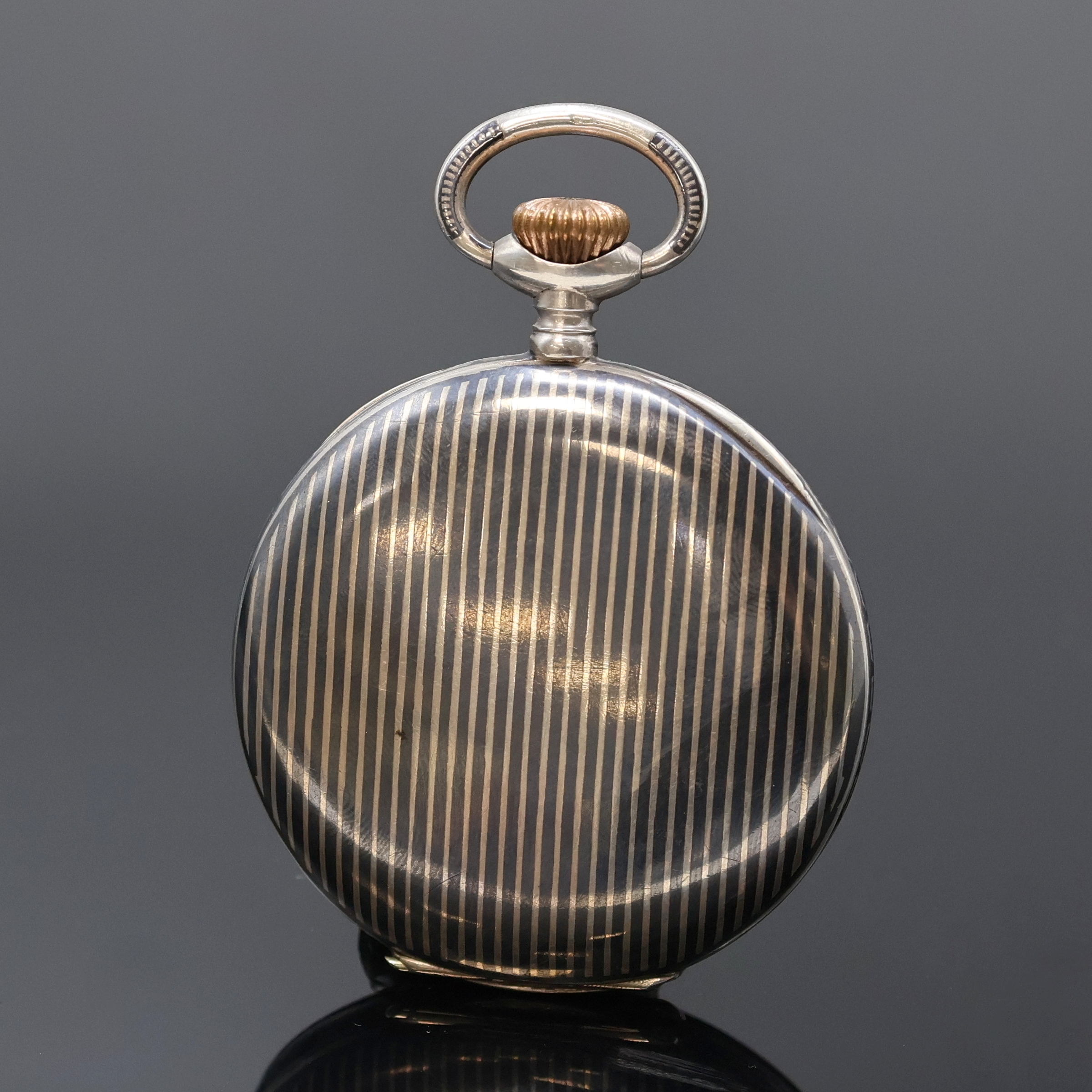 Detail a: UHRMACHERSCHULE BIEL A.Kurth offene Taschenuhr im Tulasilber-Gehäuse, Schweiz um 1920, gut erhaltenes, gestreiftes Tula-Geh., 2-tlg. ...