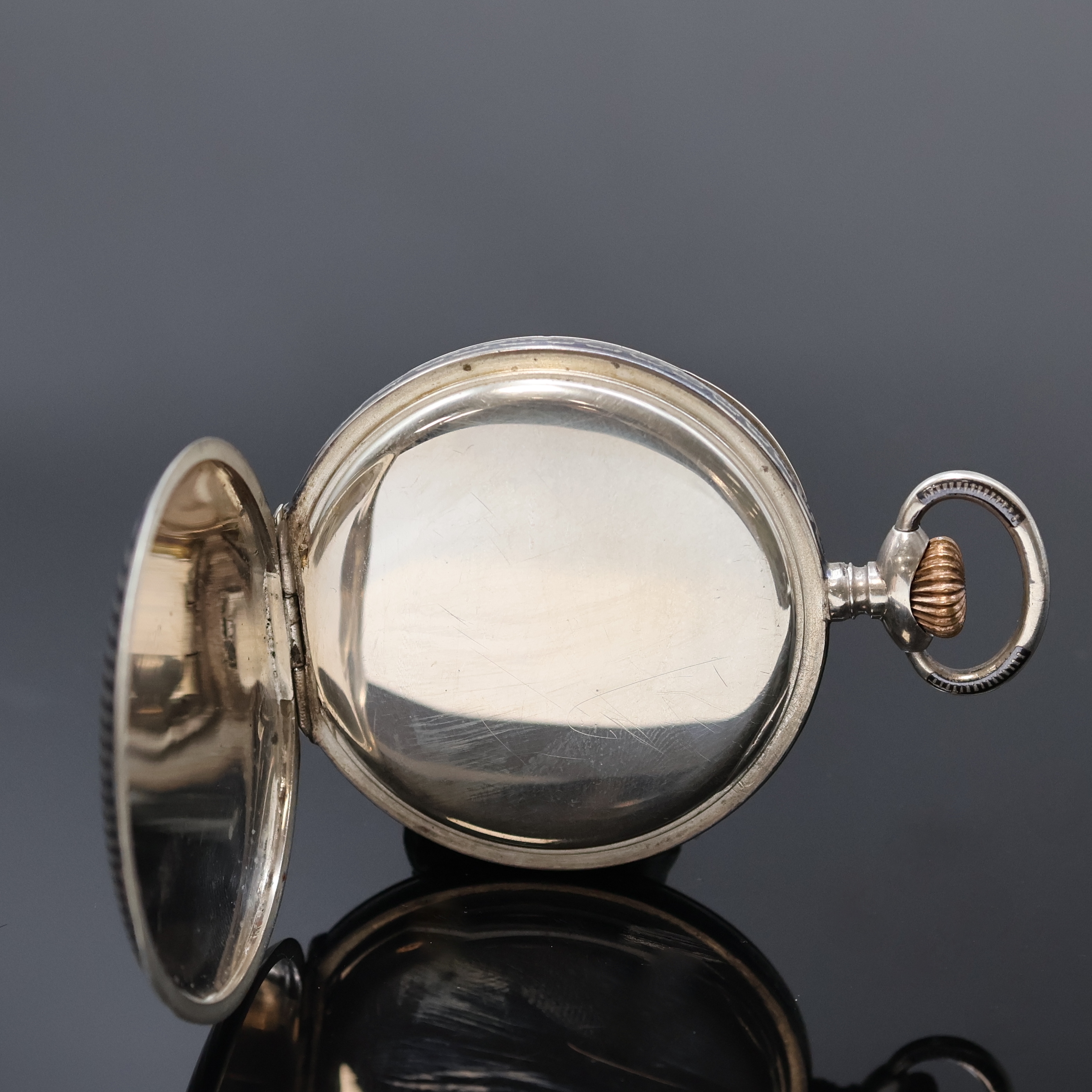 Detail c: UHRMACHERSCHULE BIEL A.Kurth offene Taschenuhr im Tulasilber-Gehäuse, Schweiz um 1920, gut erhaltenes, gestreiftes Tula-Geh., 2-tlg. ...