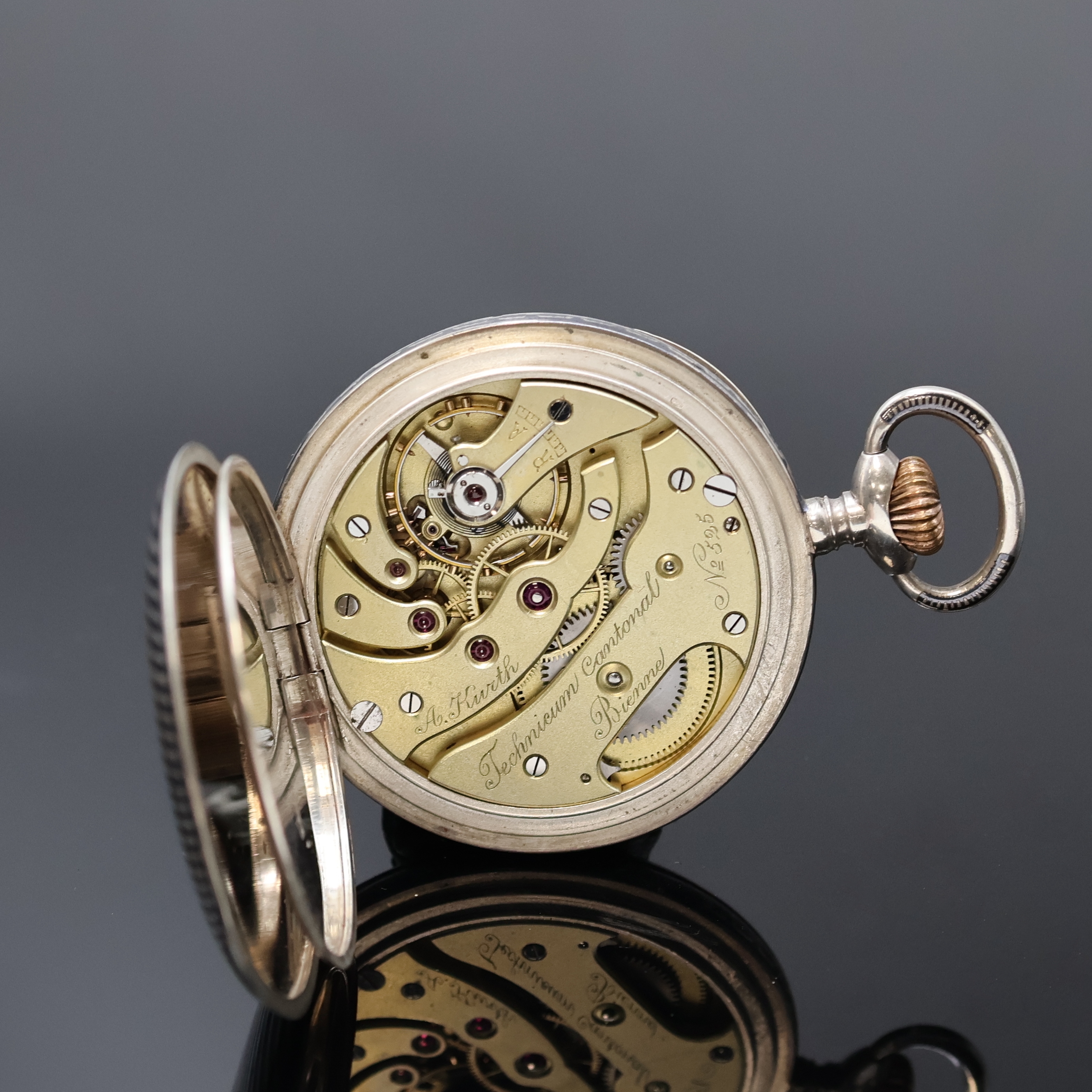 Detail e: UHRMACHERSCHULE BIEL A.Kurth offene Taschenuhr im Tulasilber-Gehäuse, Schweiz um 1920, gut erhaltenes, gestreiftes Tula-Geh., 2-tlg. ...