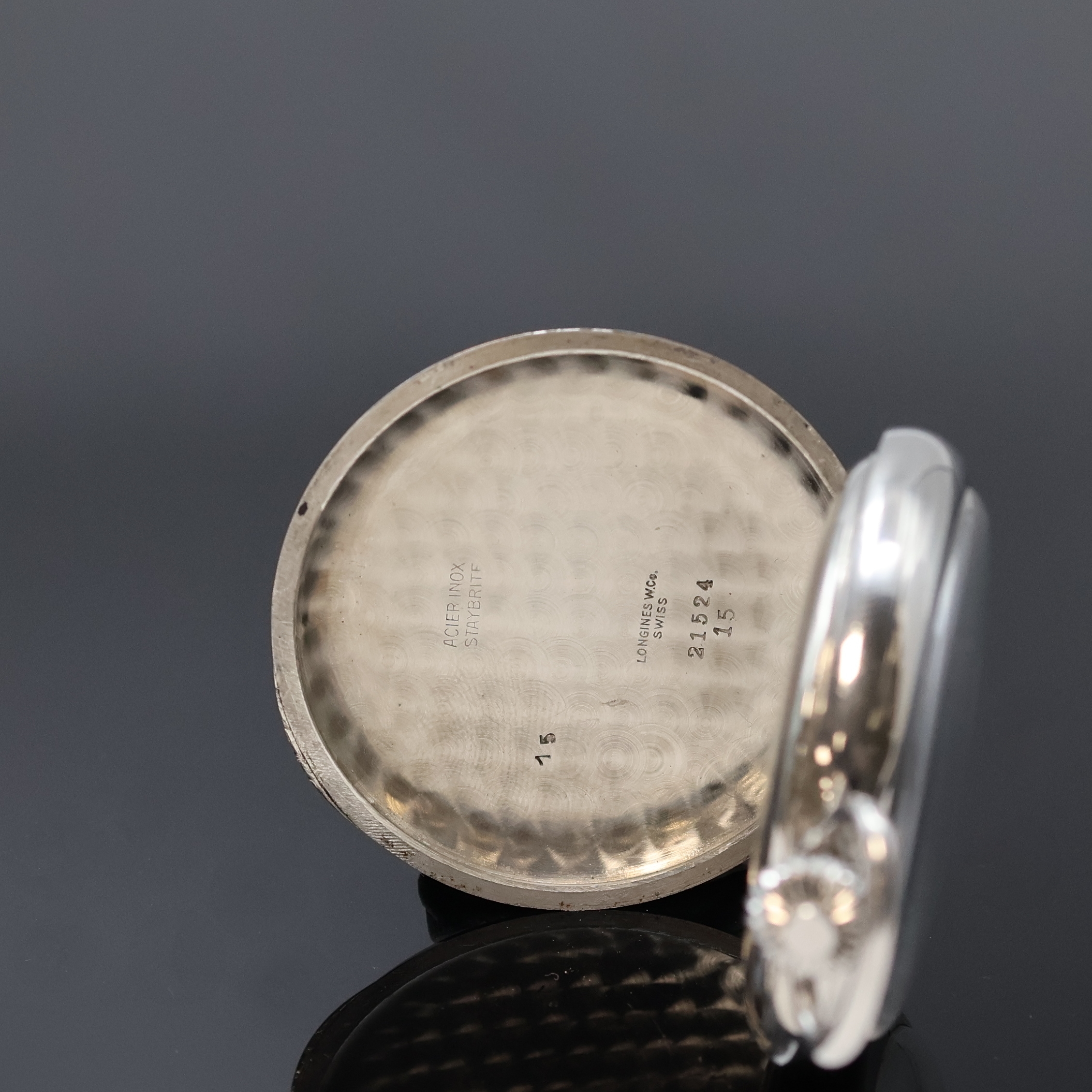 Detail b: LONGINES offene Taschenuhr mit Chronograph in Stahl, Schweiz um 1941, pol. Scharniergeh., Glasrand aufgedr., Stopp-Funktion über Kronendrücker, ...