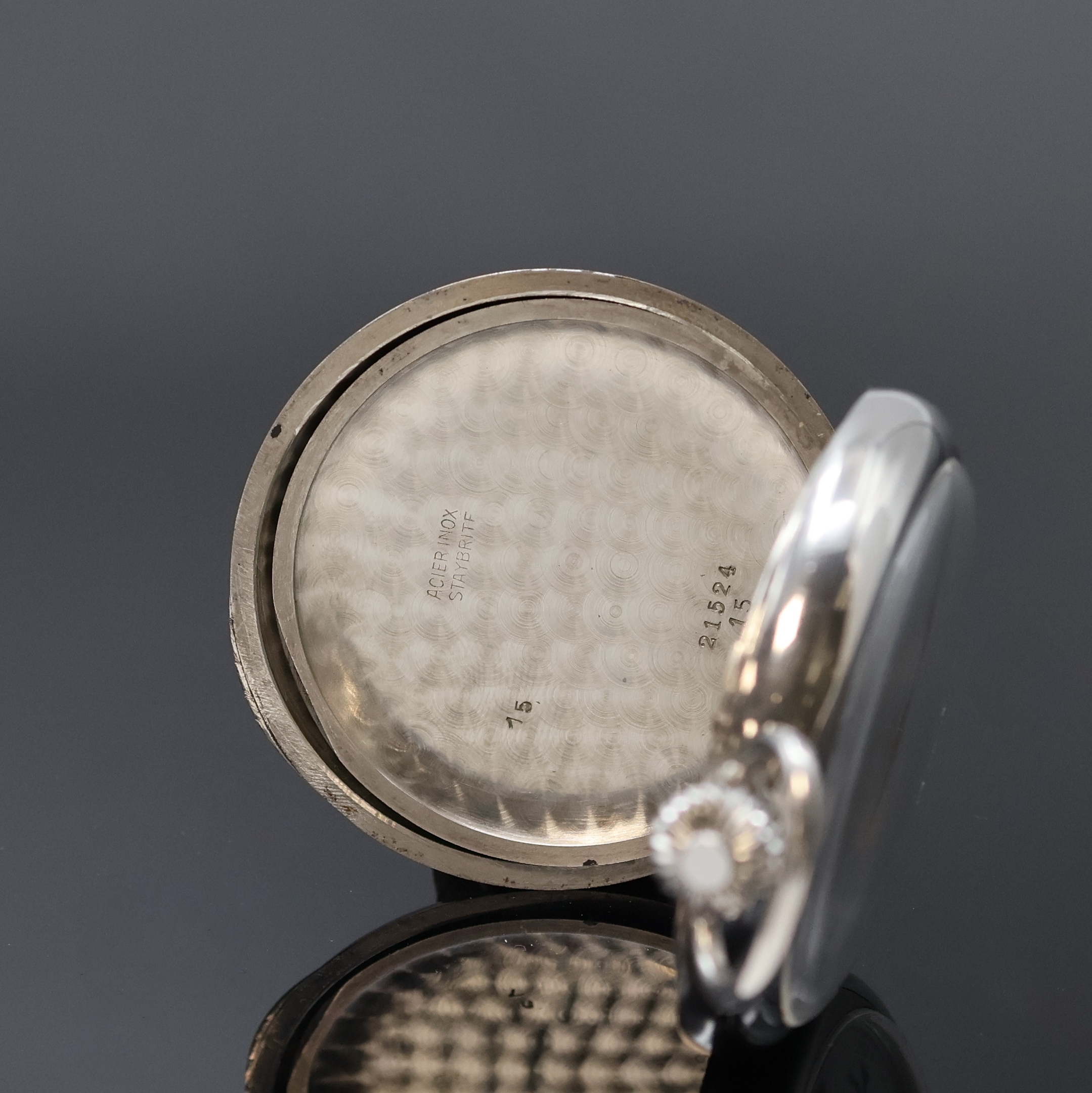 Detail d: LONGINES offene Taschenuhr mit Chronograph in Stahl, Schweiz um 1941, pol. Scharniergeh., Glasrand aufgedr., Stopp-Funktion über Kronendrücker, ...