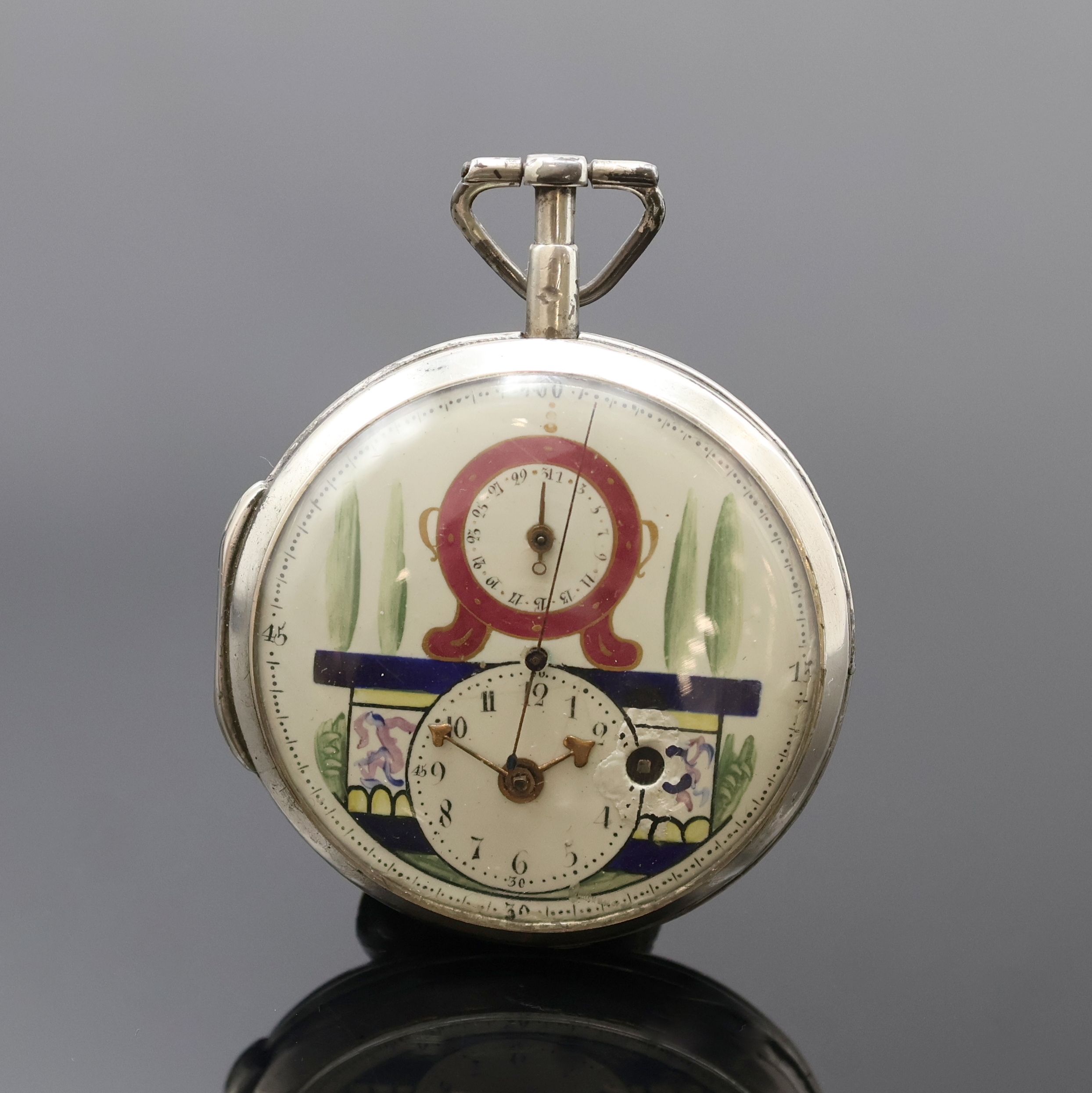 Spindeltaschenuhr mit Zentralsekunde und Datum in Silber, Schweiz um 1790, Schlüsselaufzug, offenes Geh. m. Seitenscharnier dell., polychrom ...