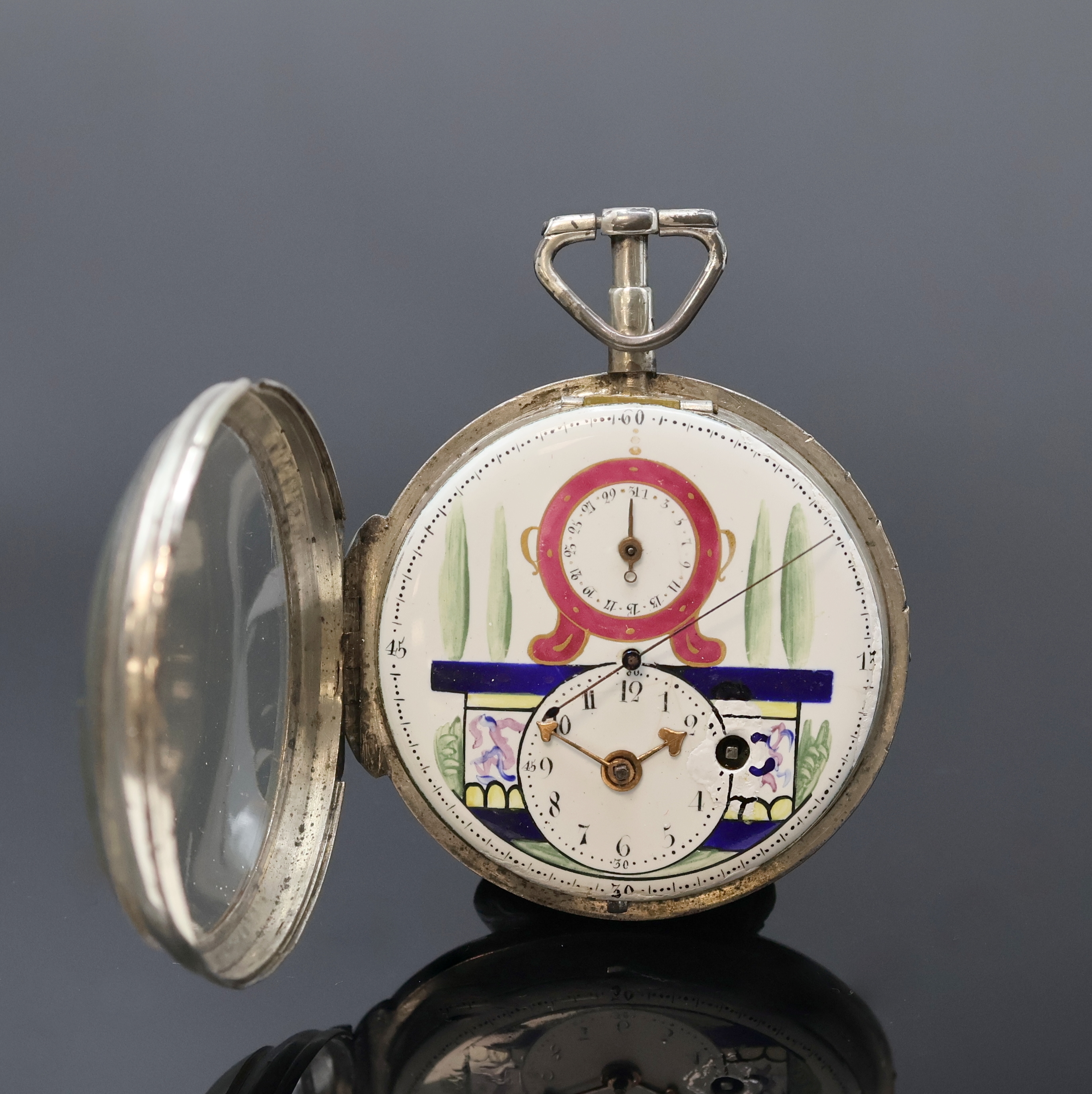 Detail b: Spindeltaschenuhr mit Zentralsekunde und Datum in Silber, Schweiz um 1790, Schlüsselaufzug, offenes Geh. m. Seitenscharnier dell., polychrom ...