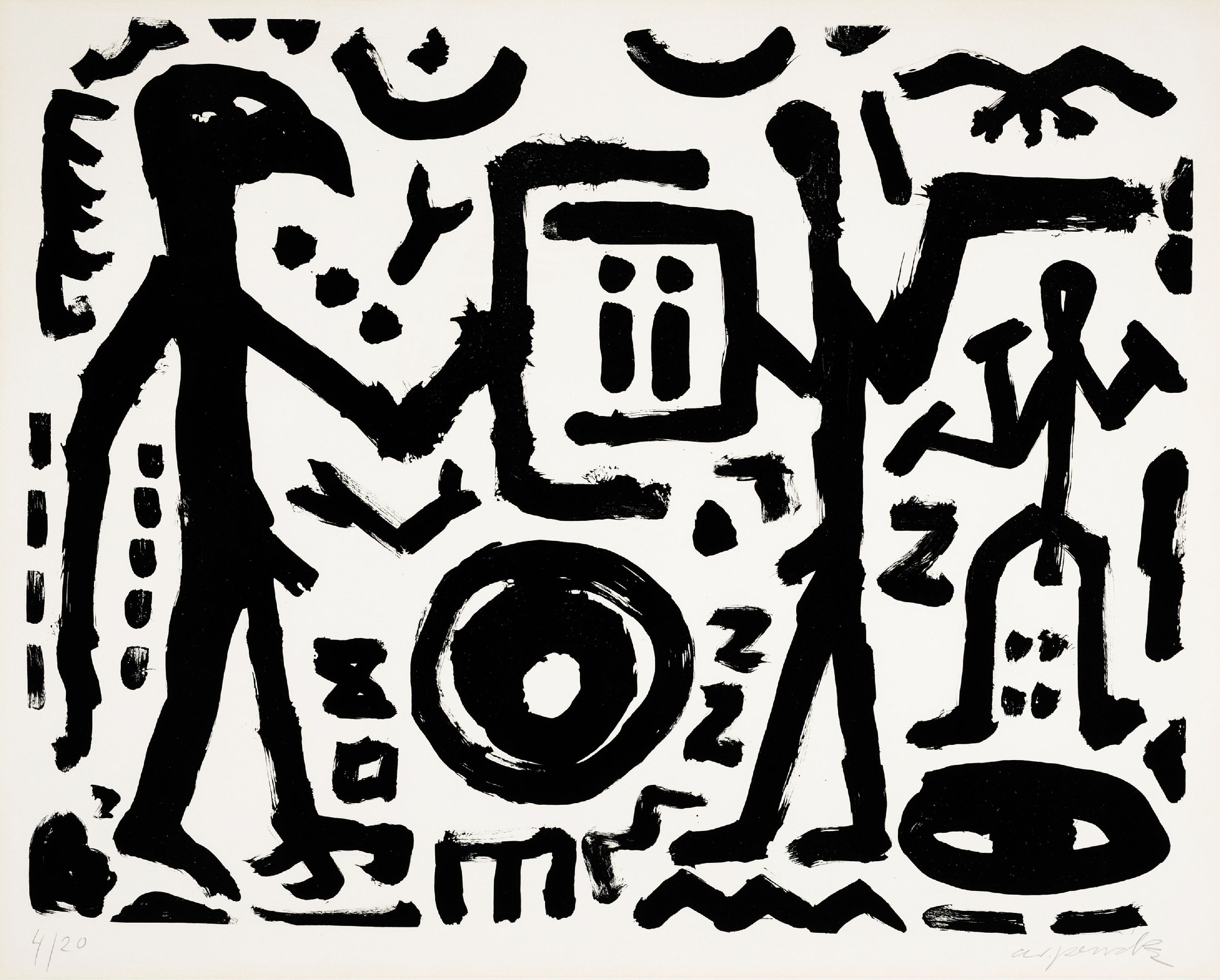 A.R.Penck, 1939-2017, Falkenkopf, Jäger und Adler, Lithographie, handsign. und num. 4/20, ca. 60x76cm, PP, u.Gl., R., ca. 92x108cm