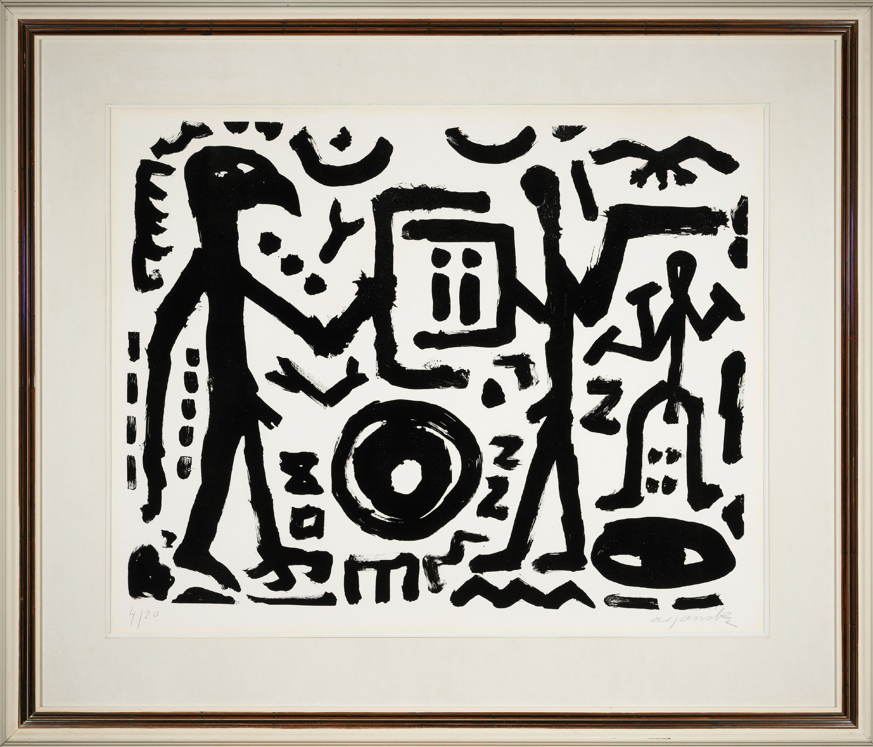 Detail k: A.R.Penck, 1939-2017, Falkenkopf, Jäger und Adler, Lithographie, handsign. und num. 4/20, ca. 60x76cm, PP, u.Gl., R., ca. 92x108cm
