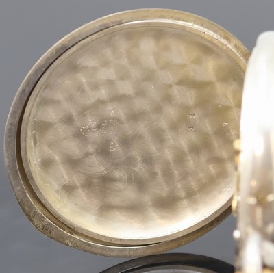 26918972e - Offene Taschenuhr mit Chronograph in Silber, Schweiz um 1910, guill. Geh. berieben, ...