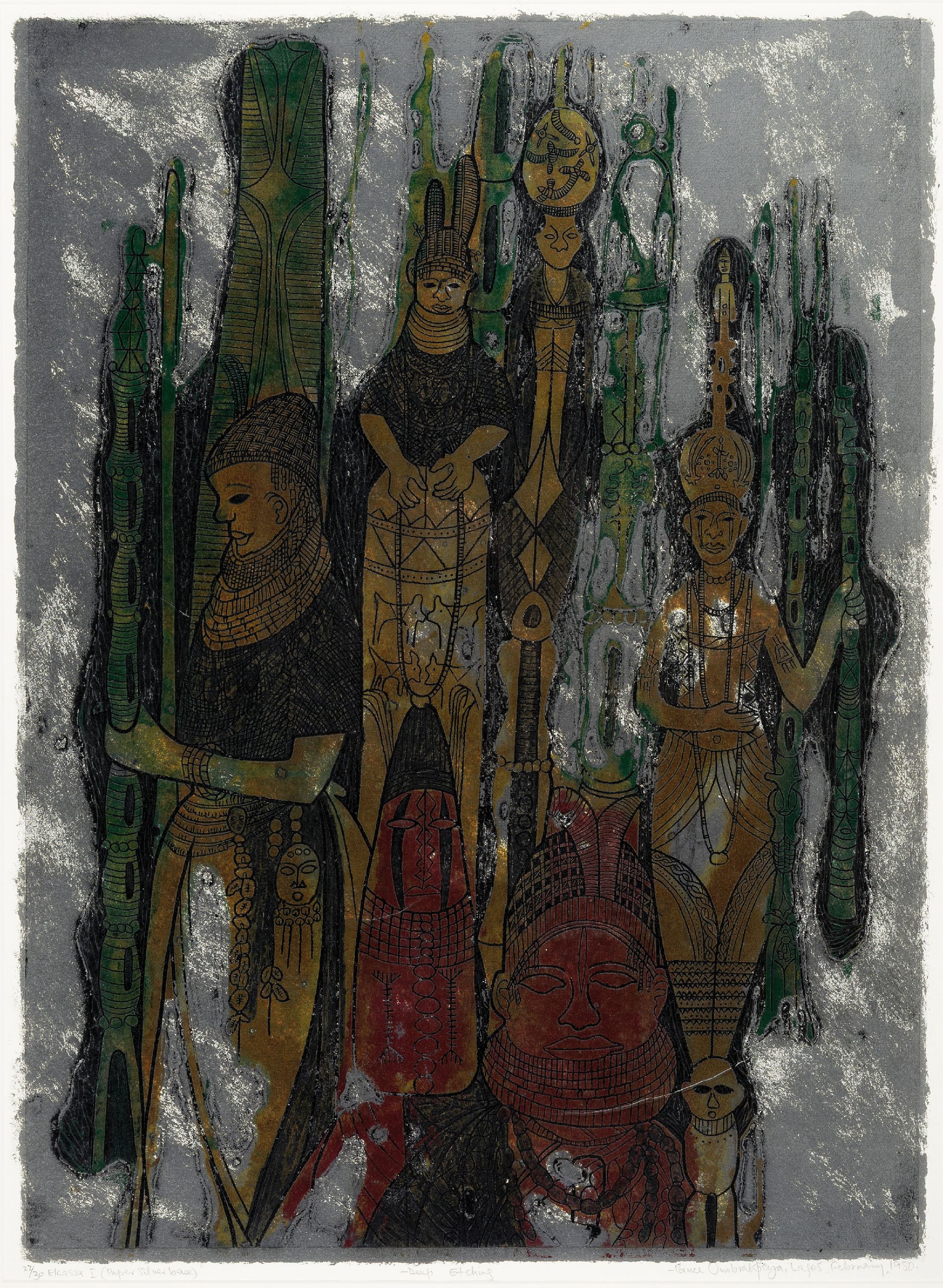 Bruce Onobrakpeya, geb. 1932, zeitgenössischernigerianischer Künstler, Radierung sog. "Deep Etching", betitelt "Ekassa I", Ed. ...