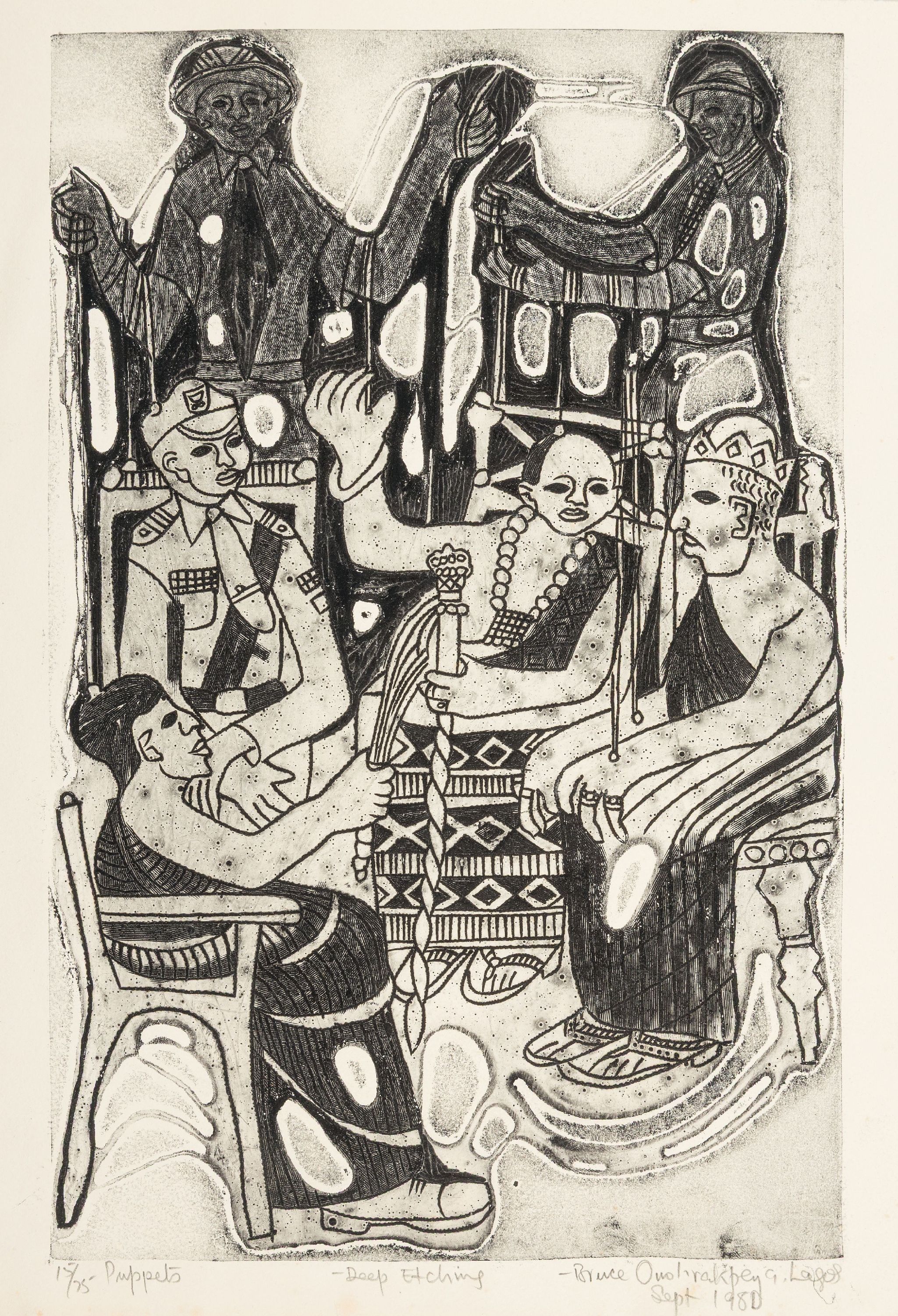 Bruce Onobrakpeya, geb. 1932, zeitgenössischernigerianischer Künstler, 2 Radierungen sog. "Deep Etchings", betitelt "Vigilance" ...