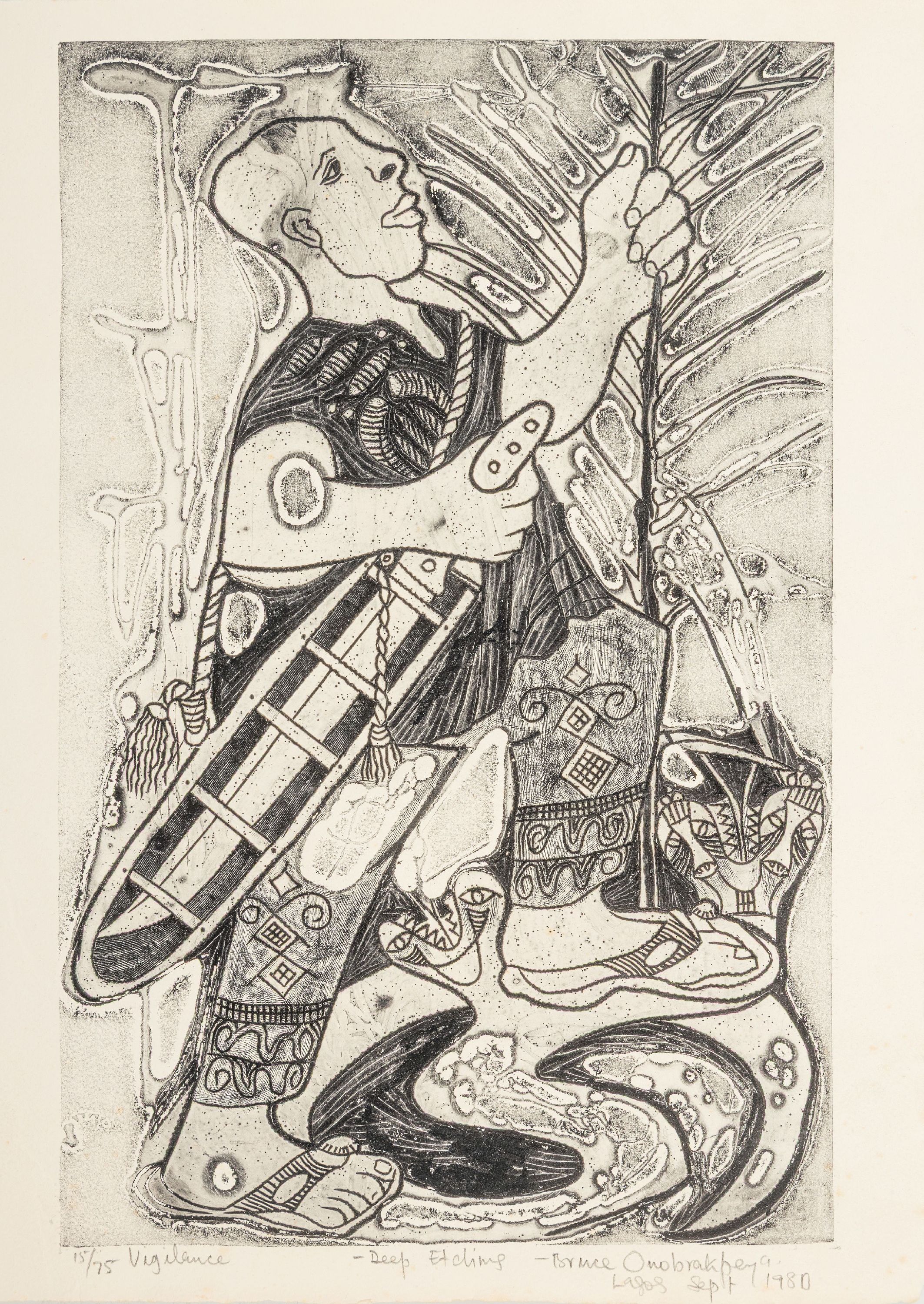Detail b: Bruce Onobrakpeya, geb. 1932, zeitgenössischernigerianischer Künstler, 2 Radierungen sog. "Deep Etchings", betitelt "Vigilance" ...