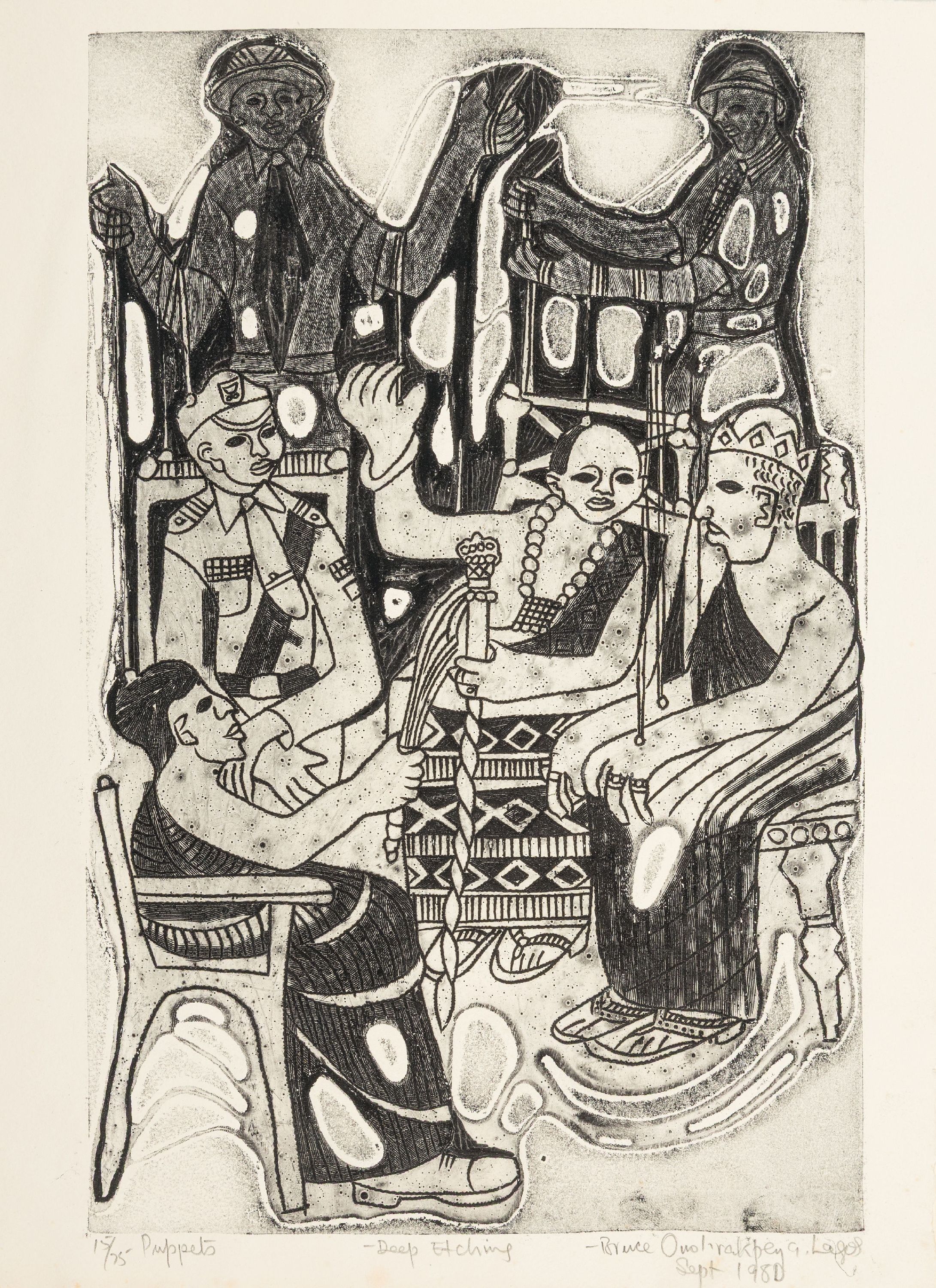 Detail k: Bruce Onobrakpeya, geb. 1932, zeitgenössischernigerianischer Künstler, 2 Radierungen sog. "Deep Etchings", betitelt "Vigilance" ...