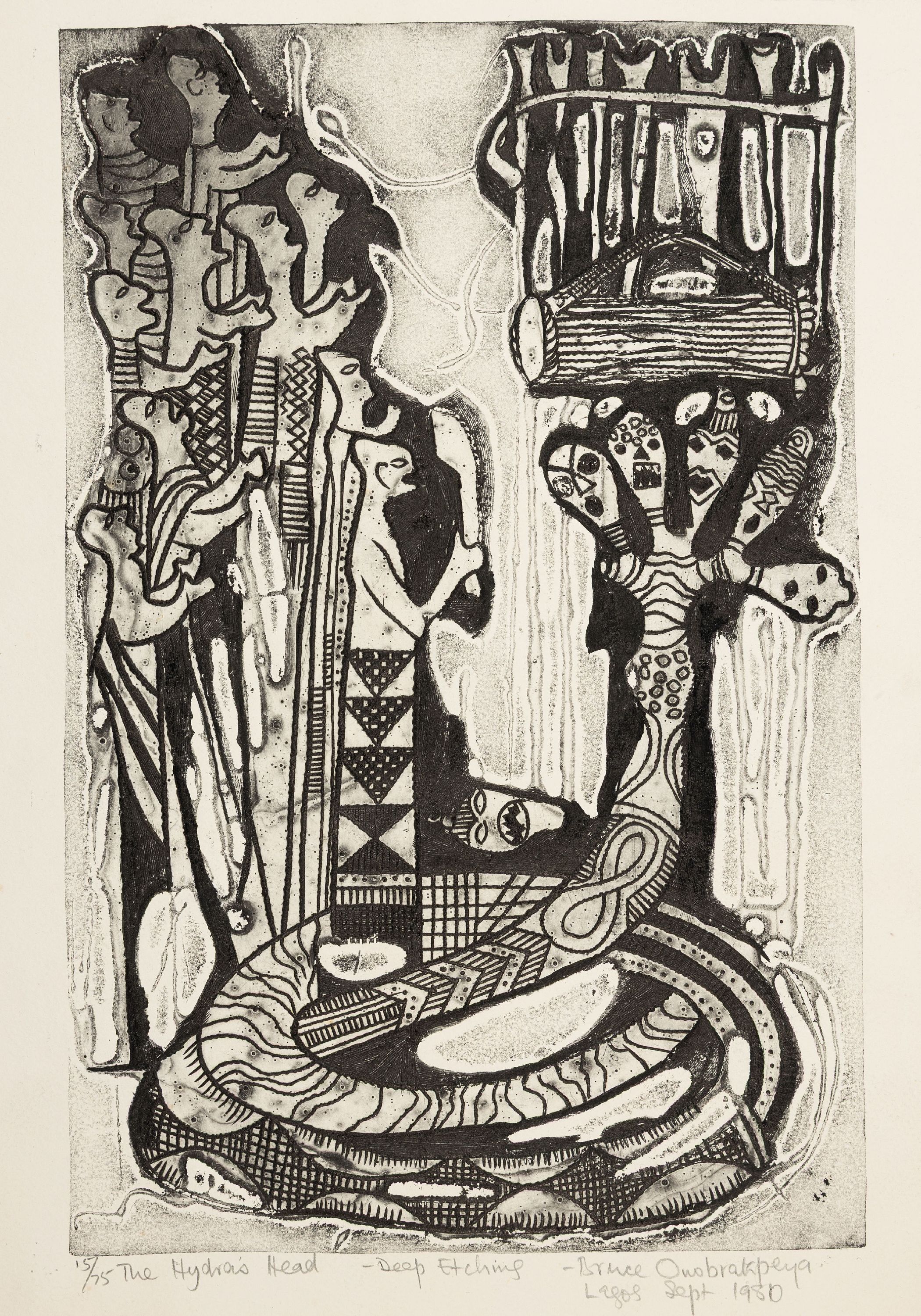 Detail b: Bruce Onobrakpeya, geb. 1932, zeitgenössischernigerianischer Künstler, 2 Radierungen sog. "Deep etchings", betitelt "The ...
