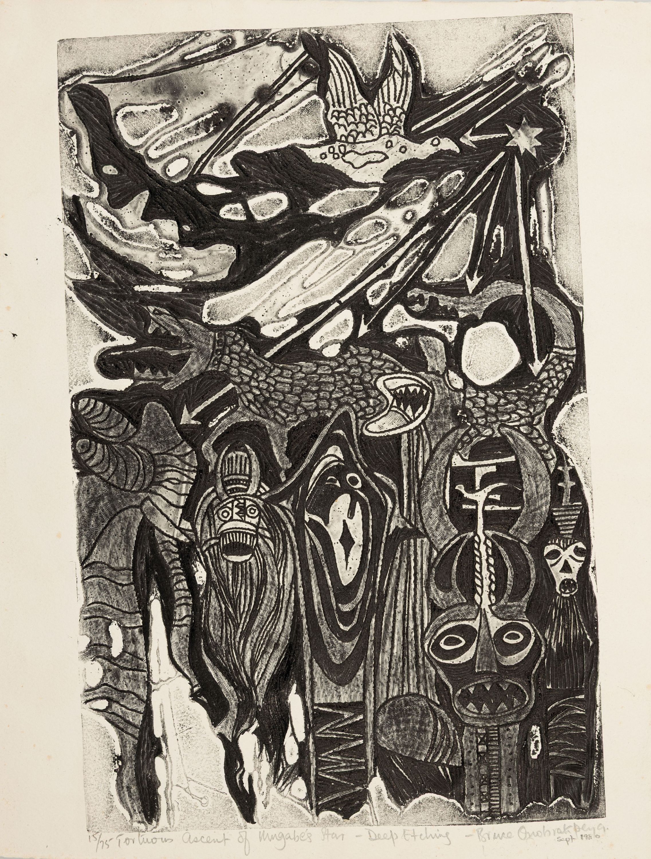 Detail k: Bruce Onobrakpeya, geb. 1932, zeitgenössischernigerianischer Künstler, 2 Radierungen sog. "Deep etchings", betitelt "The ...