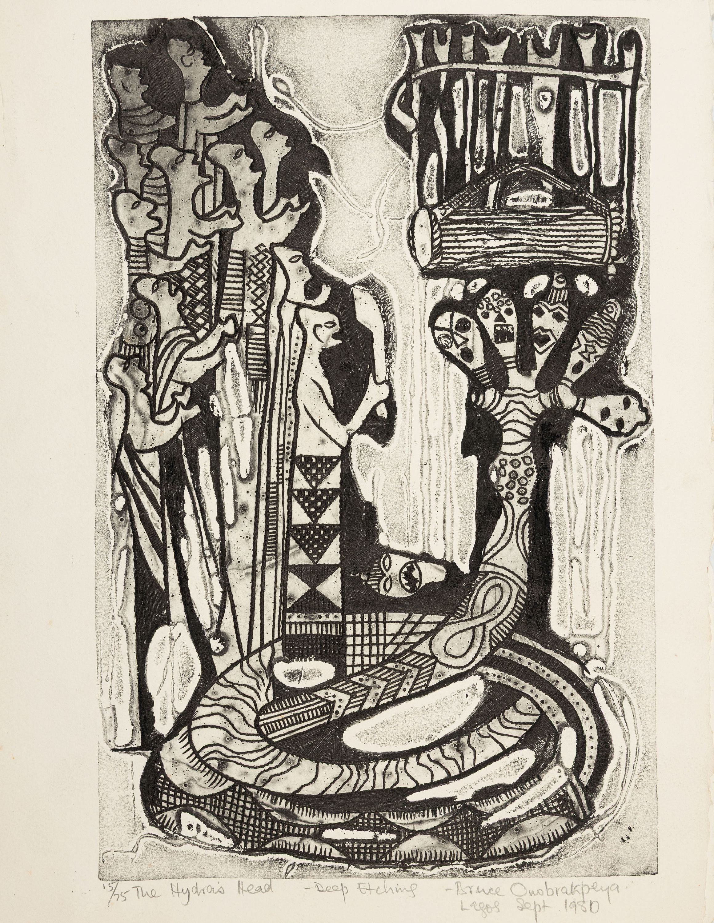 Detail m: Bruce Onobrakpeya, geb. 1932, zeitgenössischernigerianischer Künstler, 2 Radierungen sog. "Deep etchings", betitelt "The ...