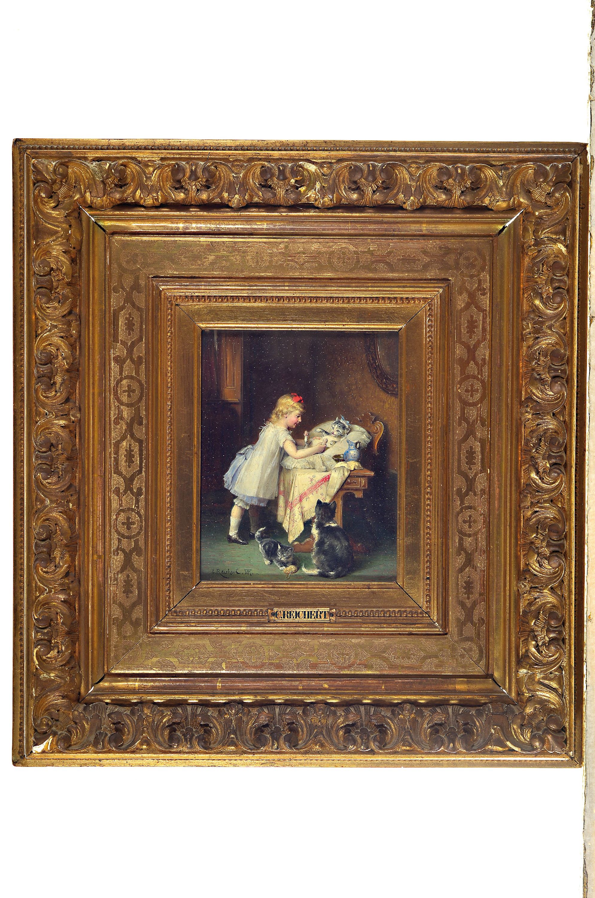 Detail k: Carl Reichert, 1836 Wien-1918 Graz, Katzenmutter, rückseitig auf altem Etikett so betitelt, Öl/Holz, feine detailreiche Malerei, links unten ...