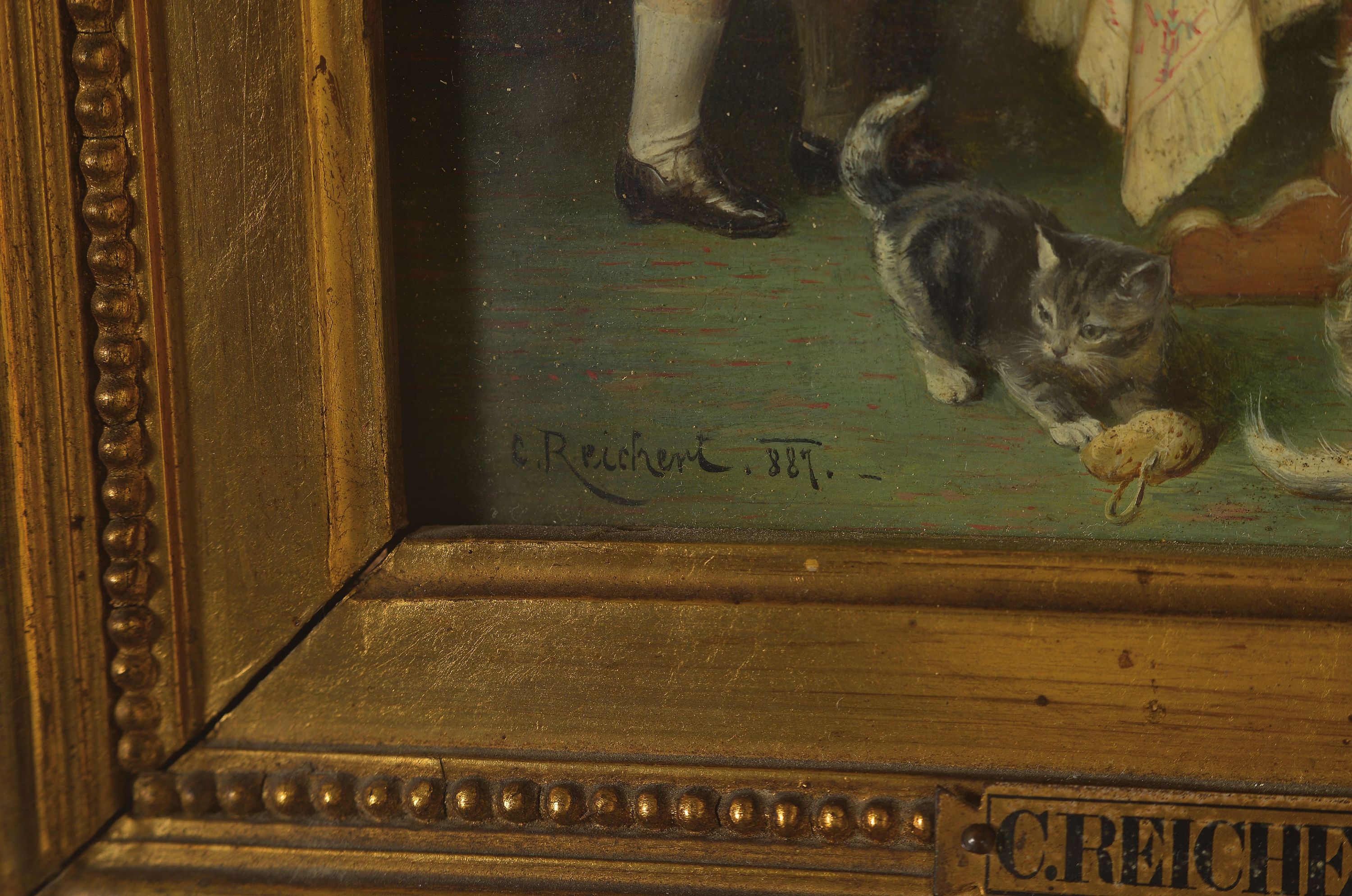 Detail l: Carl Reichert, 1836 Wien-1918 Graz, Katzenmutter, rückseitig auf altem Etikett so betitelt, Öl/Holz, feine detailreiche Malerei, links unten ...
