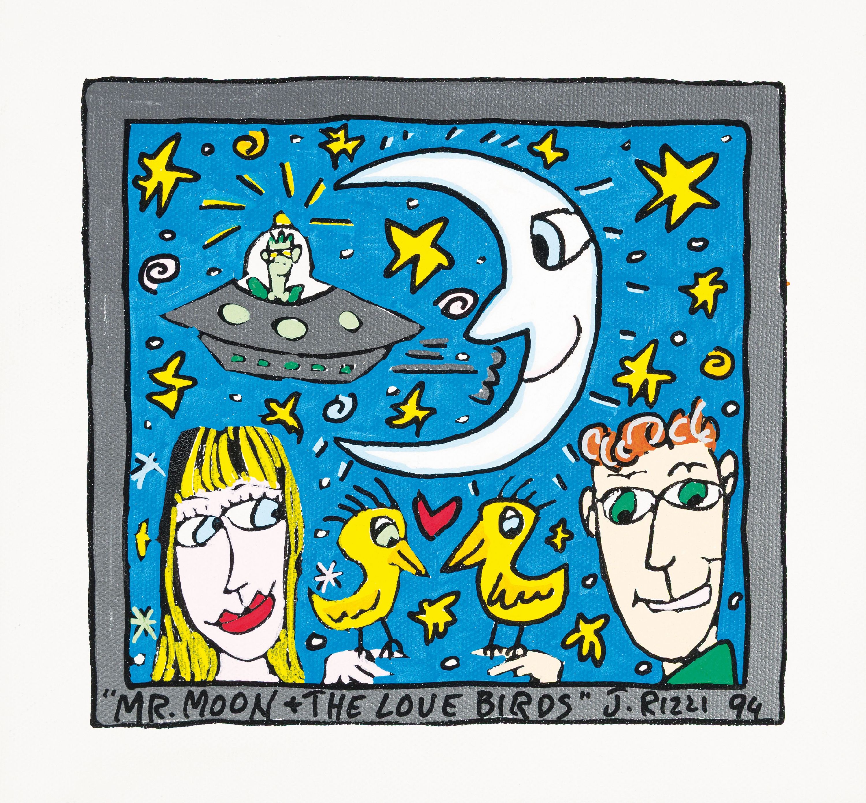 James Rizzi, 1950-2011 New York, Mr. Moon and the Love Birds, Acryl/Lwd, betitelt, signiert und dat. 94, ca. 19x20cm, Rahmen mit Schattenfuge ca. ...