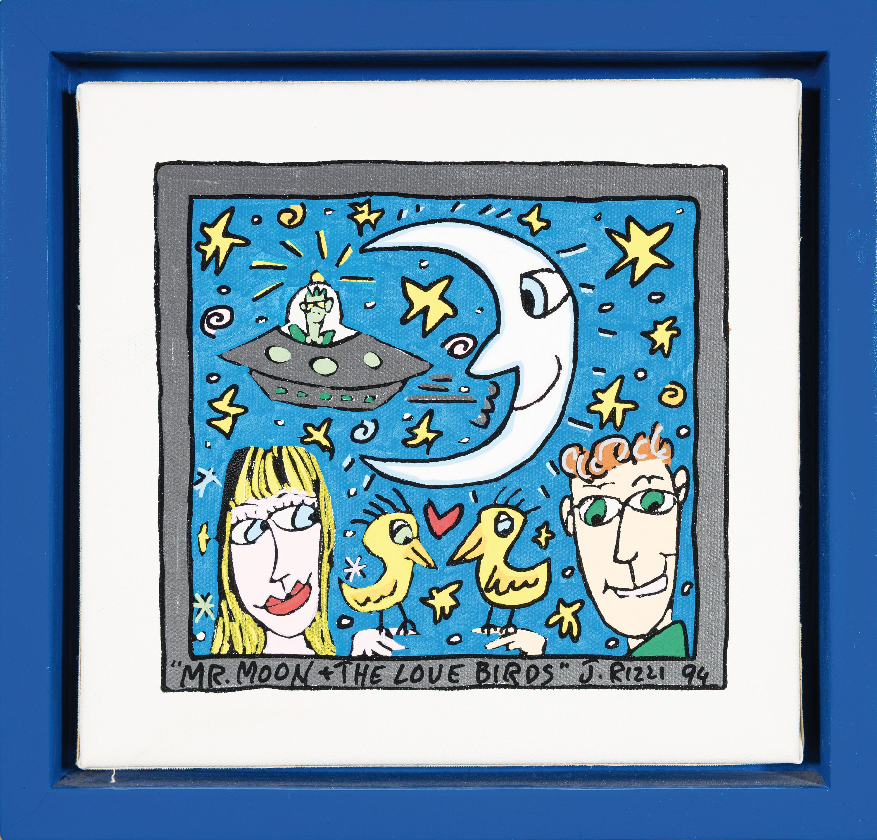 Detail k: James Rizzi, 1950-2011 New York, Mr. Moon and the Love Birds, Acryl/Lwd, betitelt, signiert und dat. 94, ca. 19x20cm, Rahmen mit Schattenfuge ca. ...