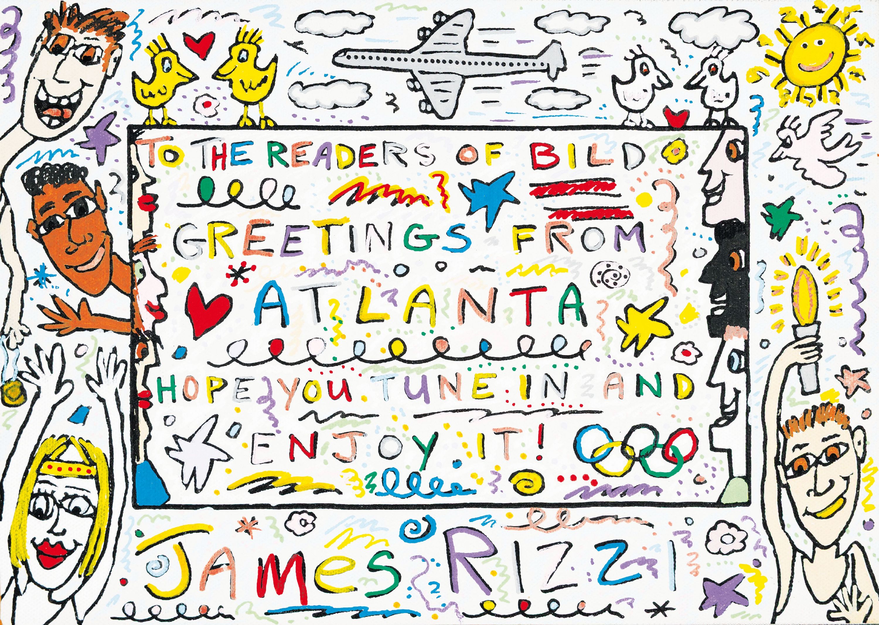 James Rizzi, 1950-2011 New York, To the Readers of BILD, Acryl/Lwd/Holz, Greetings from Atlanta, Hope You tune in and enjoy it, entstanden für die ...
