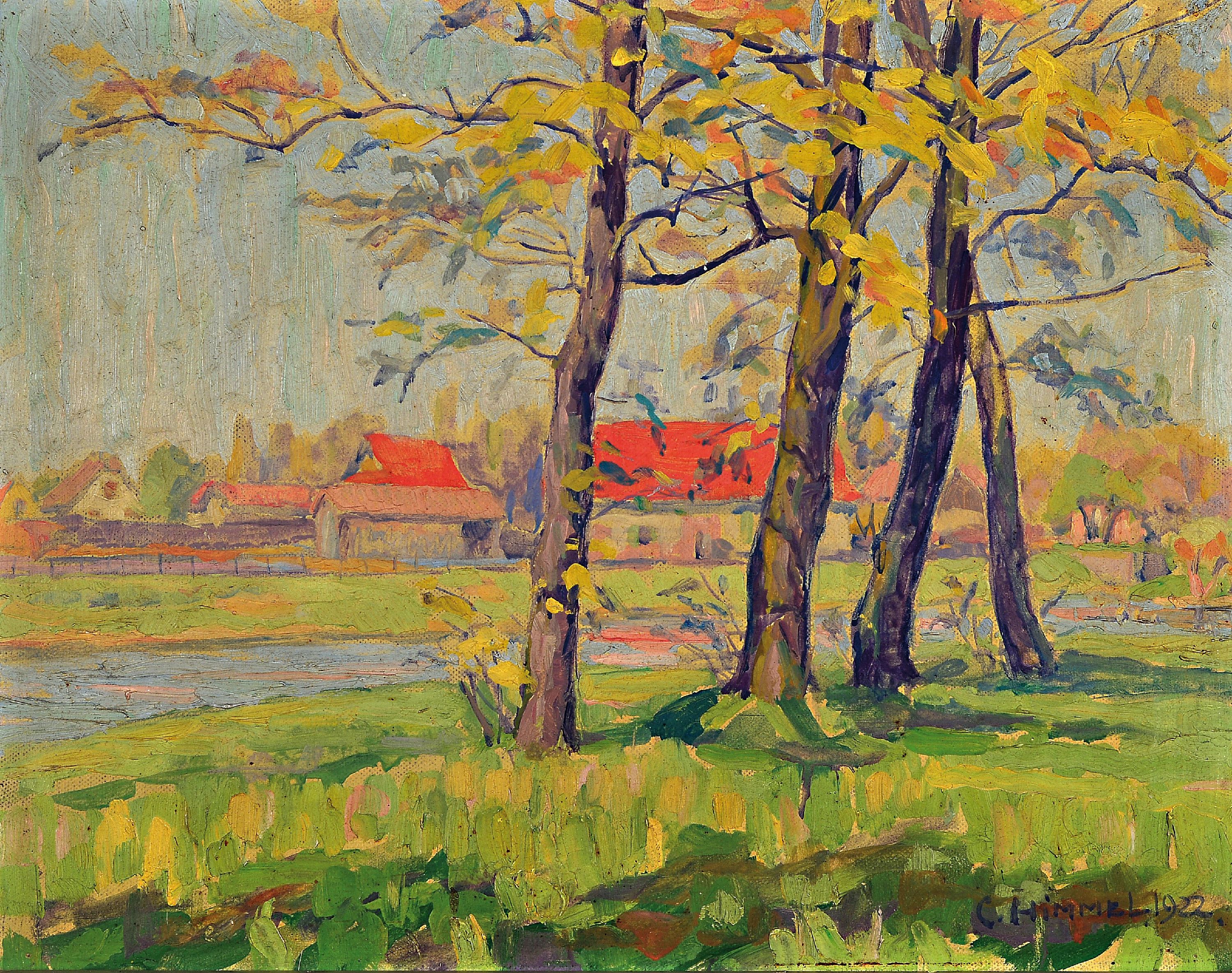 Charles Himmel, 1894-1974, Elsässer Maler, Blick durch Bäume und über einen Bach auf ein Bauernhaus, Öl/Lwd, rechts unten sign. und dat. 1922, ...