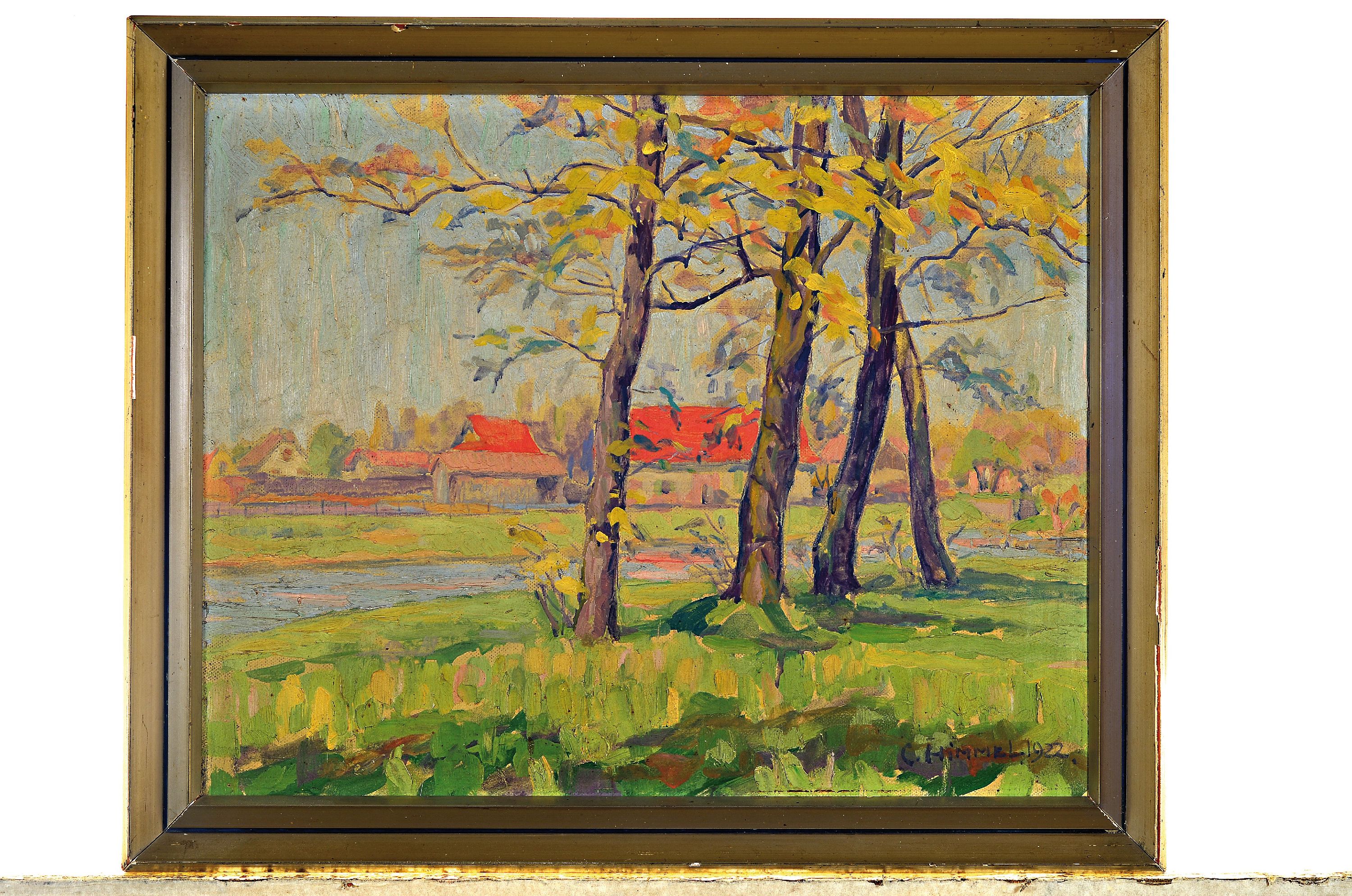 Detail k: Charles Himmel, 1894-1974, Elsässer Maler, Blick durch Bäume und über einen Bach auf ein Bauernhaus, Öl/Lwd, rechts unten sign. und dat. 1922, ...