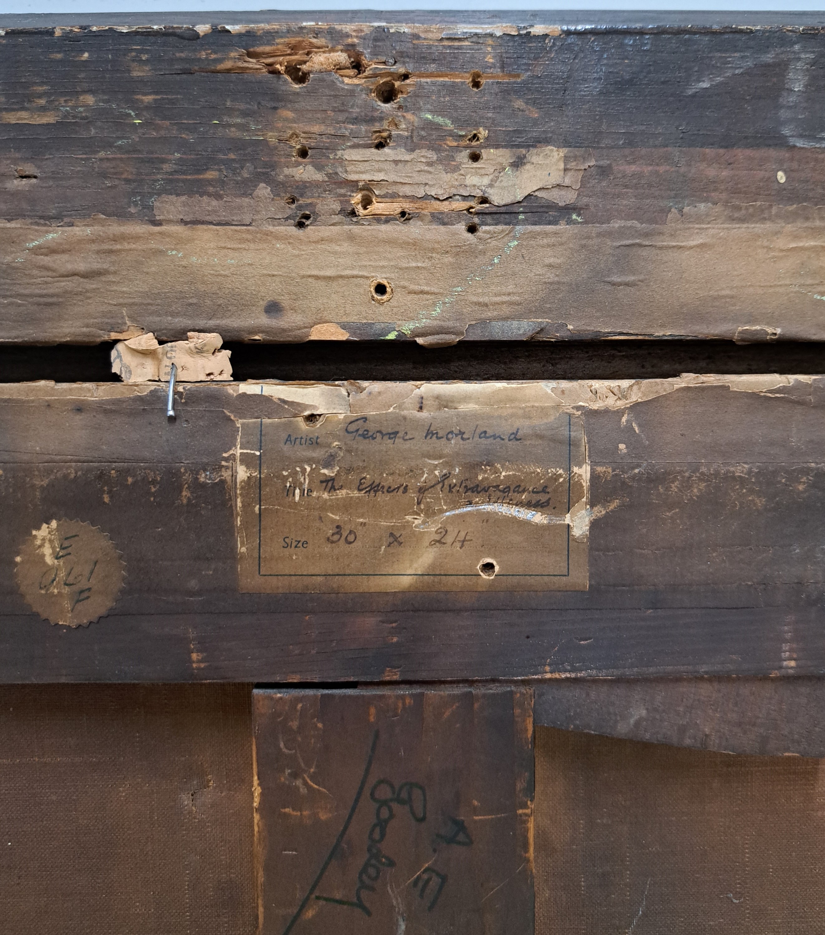 Detail r: Zuschreibung: George Moreland, 1763 London-1804 Brighton, The effects of youthful ...., so verso auf zwei alten Etiketten betitelt und bez. George ...