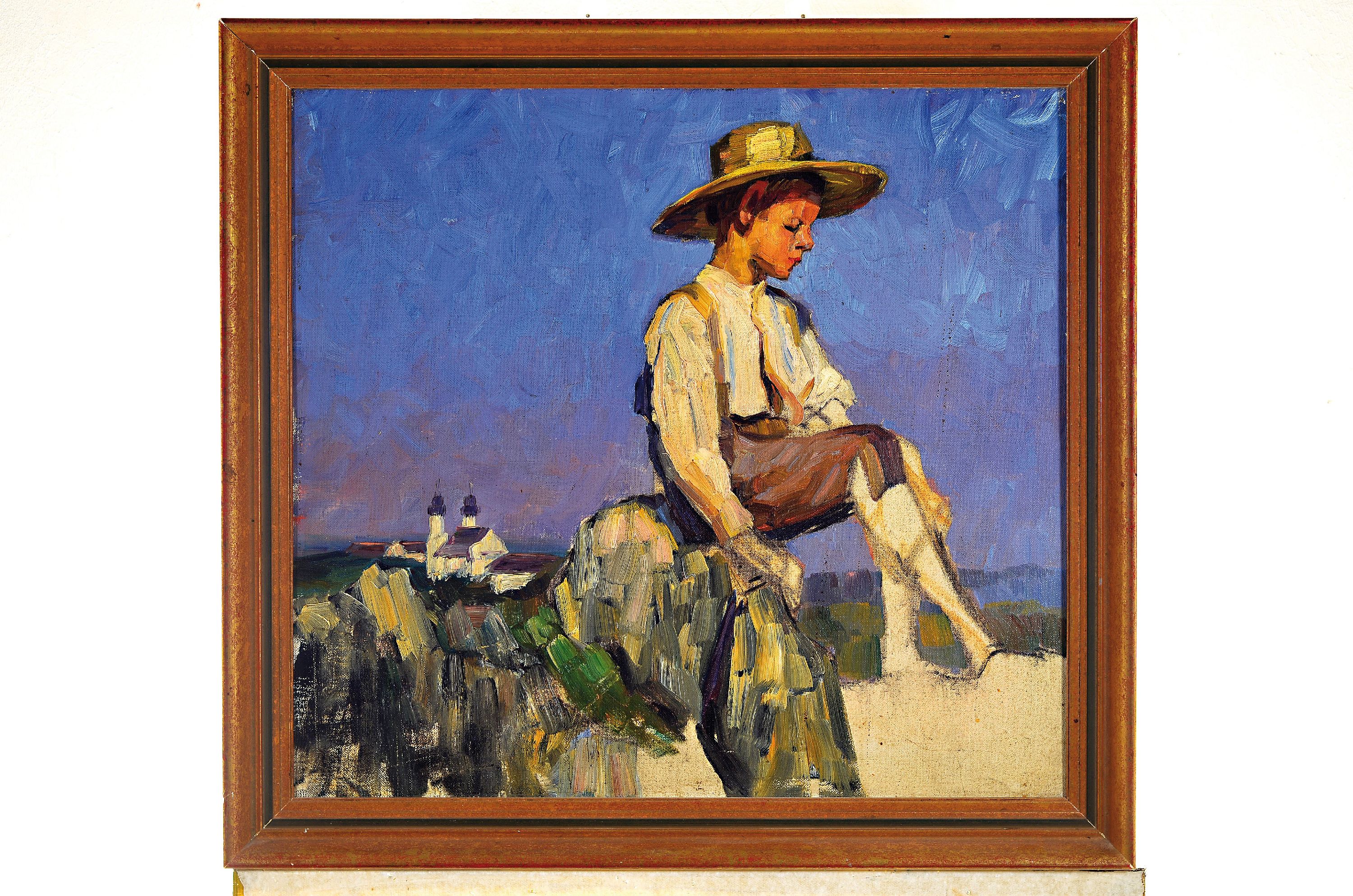 Detail k: Martha Kropp, wohl, 1880 Aachen-1968 Karlsruhe, Junge mit großem Hut rastend auf einem Fels, Öl/Lwd, expressiver Duktur bei teils gespachteltem ...