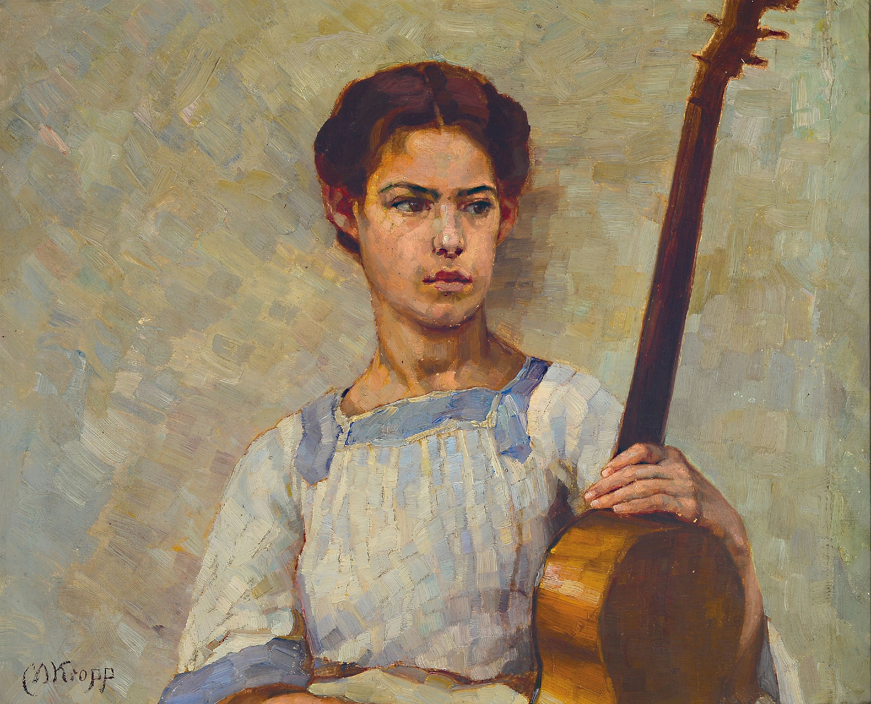 Martha Kropp, 1880 Aachen-1968 Karlsruhe, Porträt einer jungen Frau mit Gitarre, Öl/ Lwd, links unten sign., ca. 66x69cm, R. ca. 76x79cm, dieser ...