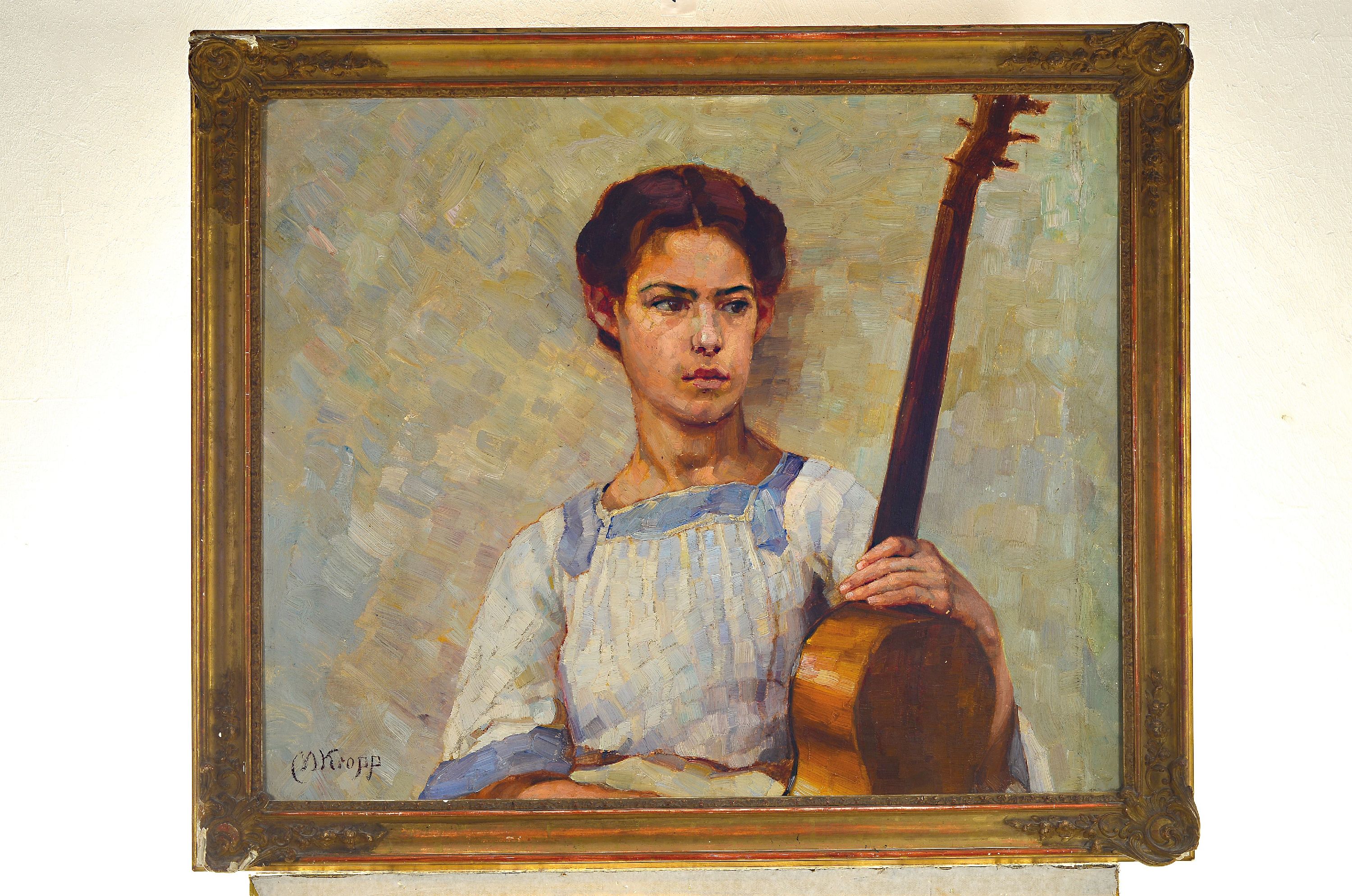 Detail k: Martha Kropp, 1880 Aachen-1968 Karlsruhe, Porträt einer jungen Frau mit Gitarre, Öl/ Lwd, links unten sign., ca. 66x69cm, R. ca. 76x79cm, dieser ...