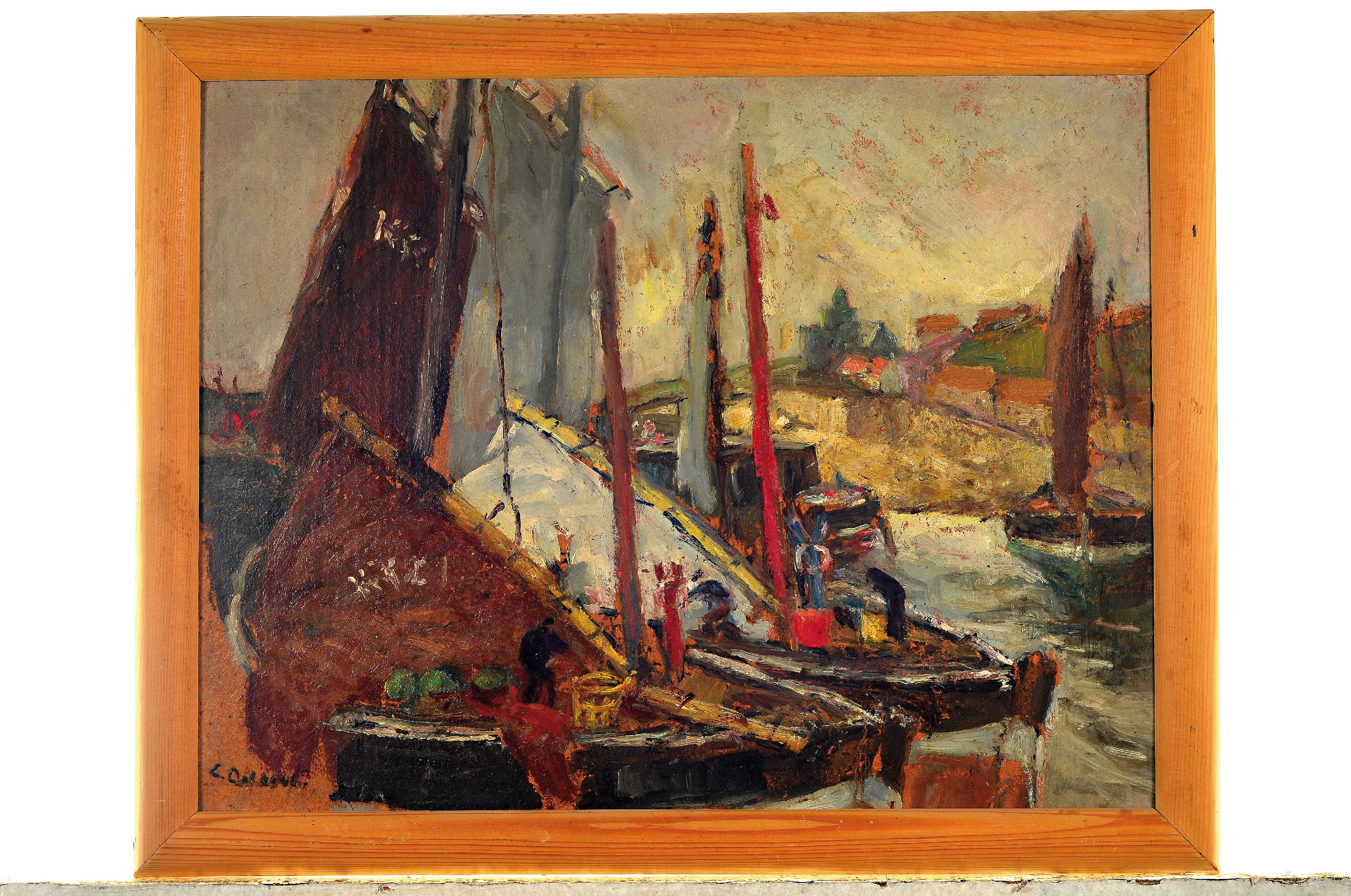 Detail k: Eugen Dekkert, 1865 Stettin-1956 Garmisch-Partenkirchen, Schottischer Fischerhafen, so rückseitig betitelt, Öl/Malkarton, links unten sign., ca. ...