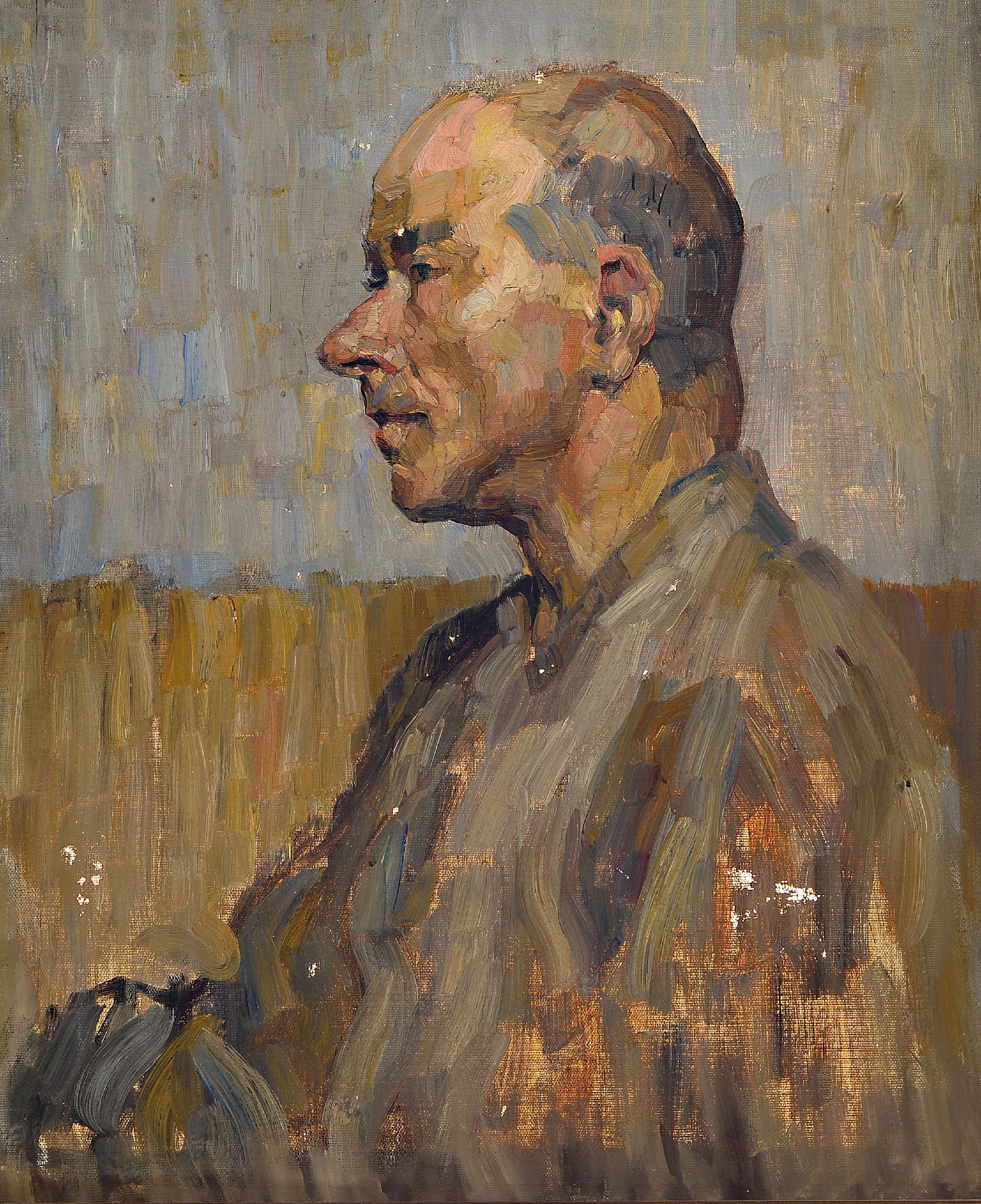 Zuschreibung: Martha Kropp, 1880 Aachen-1968 Karlsruhe, Porträt eines Herren mit Halbglatze im Profil, expressiver, kraftiger Pinselduktus, Öl/Lwd, ...