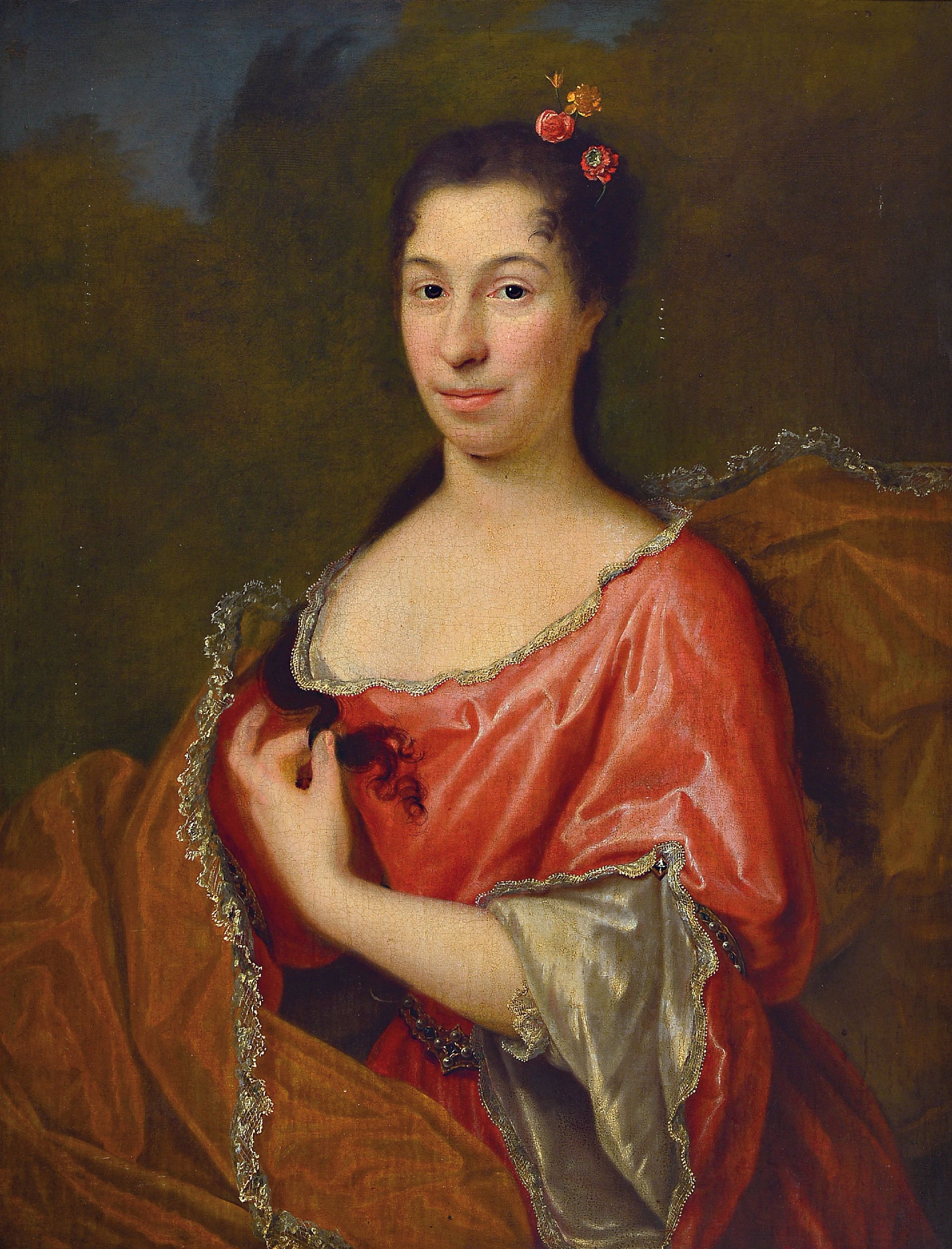 Unbekannter Künstler des 18.Jh., Porträt einer höfischen Dame im roten Kleid vor orangefarbener Drapperie, gute Stofflichkeit vor allem der ...