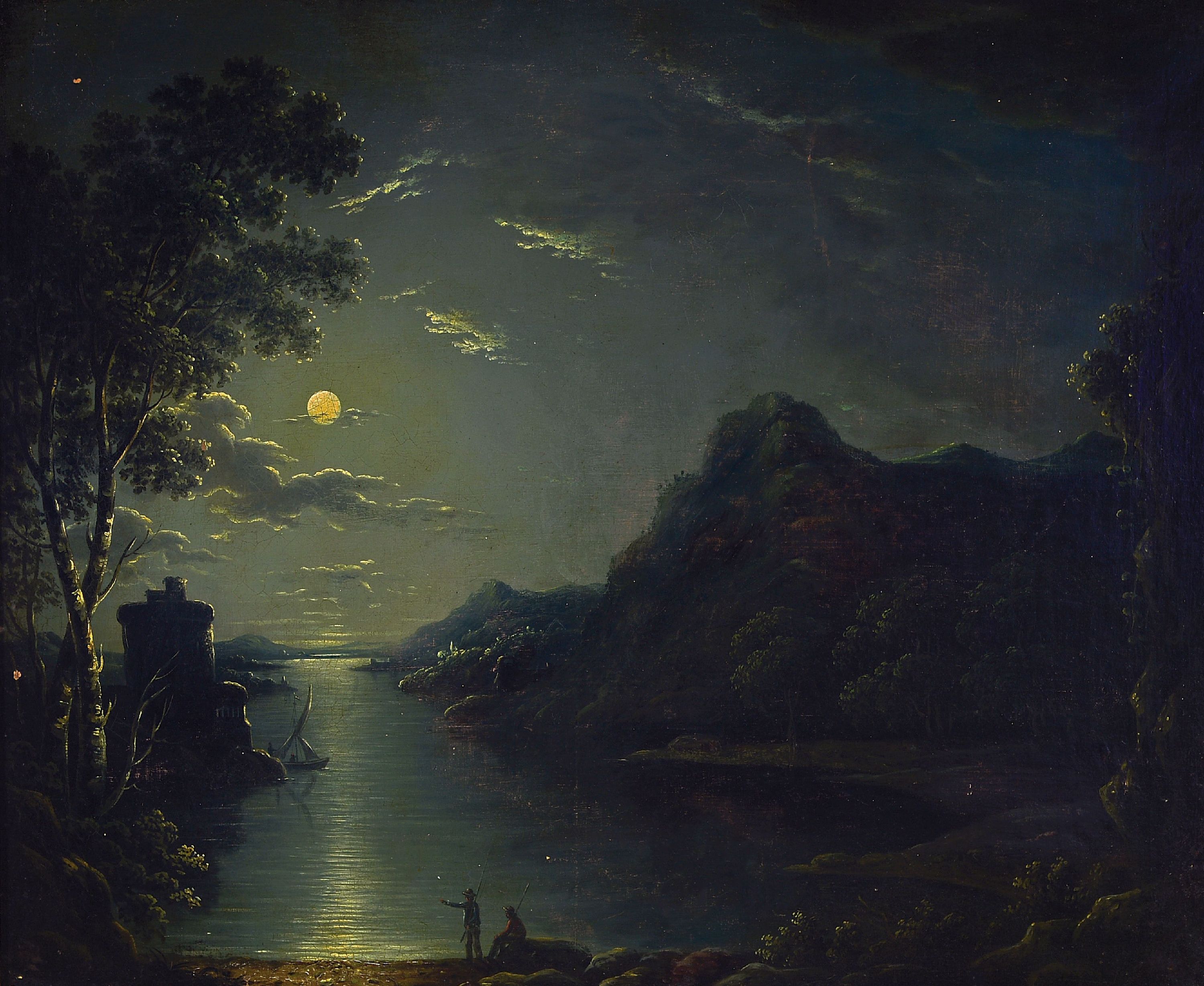 Zuschreibung: Pieter Muler d.J., genannt Cavaliere Tempesta, 1640 Haarlem-1701 Mailand, Vollmond über einer italienischen Hafeneinfahrt, Öl/Lwd, ...