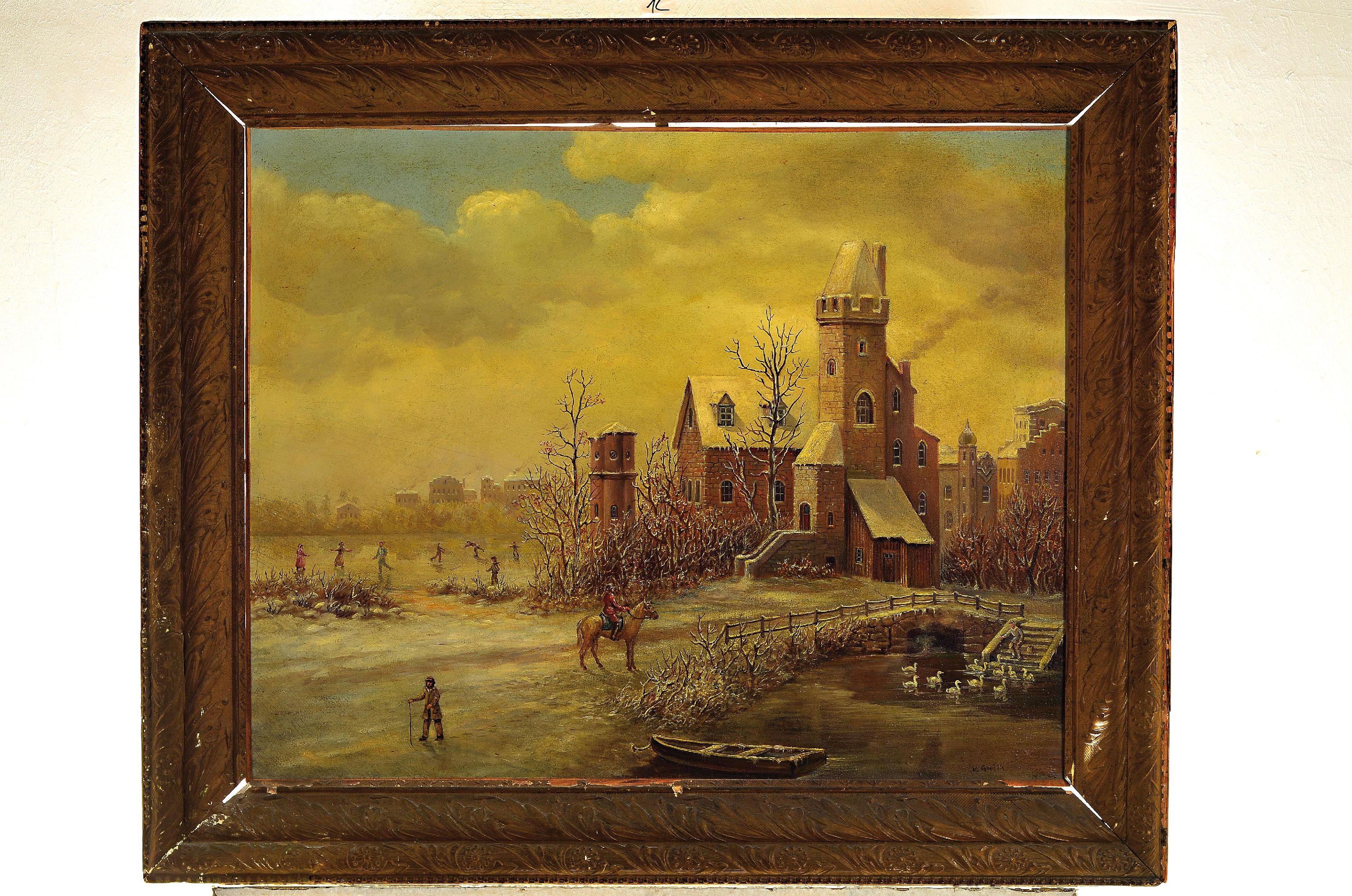 Detail k: Franciscus Lodewijk van Gulik, 1841 niederländisch, holländische Stadtlandschaft, wohl Alt-Rotterdam, winterliche Szenerie mit Eisvergnügen, ...