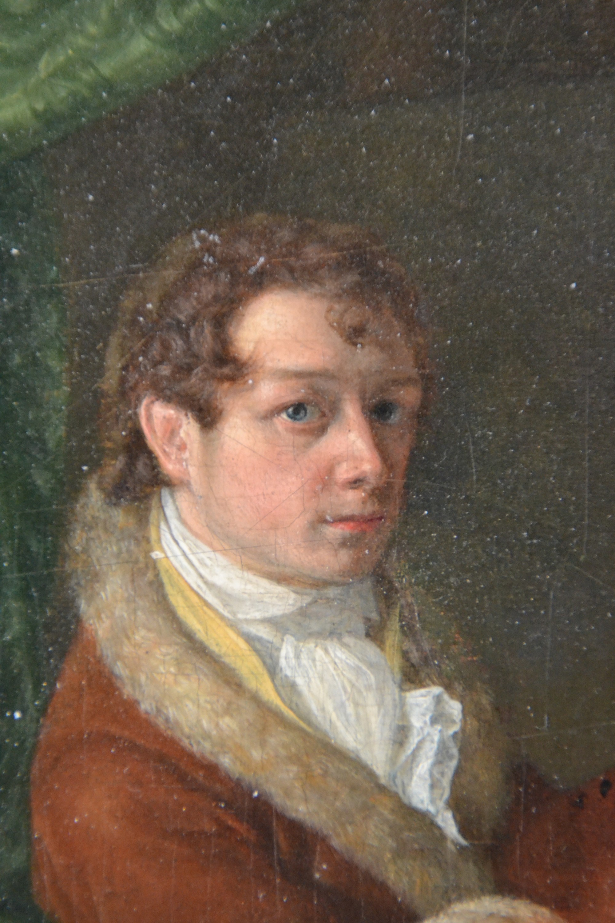 Detail a: Zuschreibung: Franz Ludwig Catel, 1778 Berlin -1856 Rom, Selbstbildnis des Künstlers im Mantel mit Pelzkragen und Palette, Ausschnitt gerahmt durch ...
